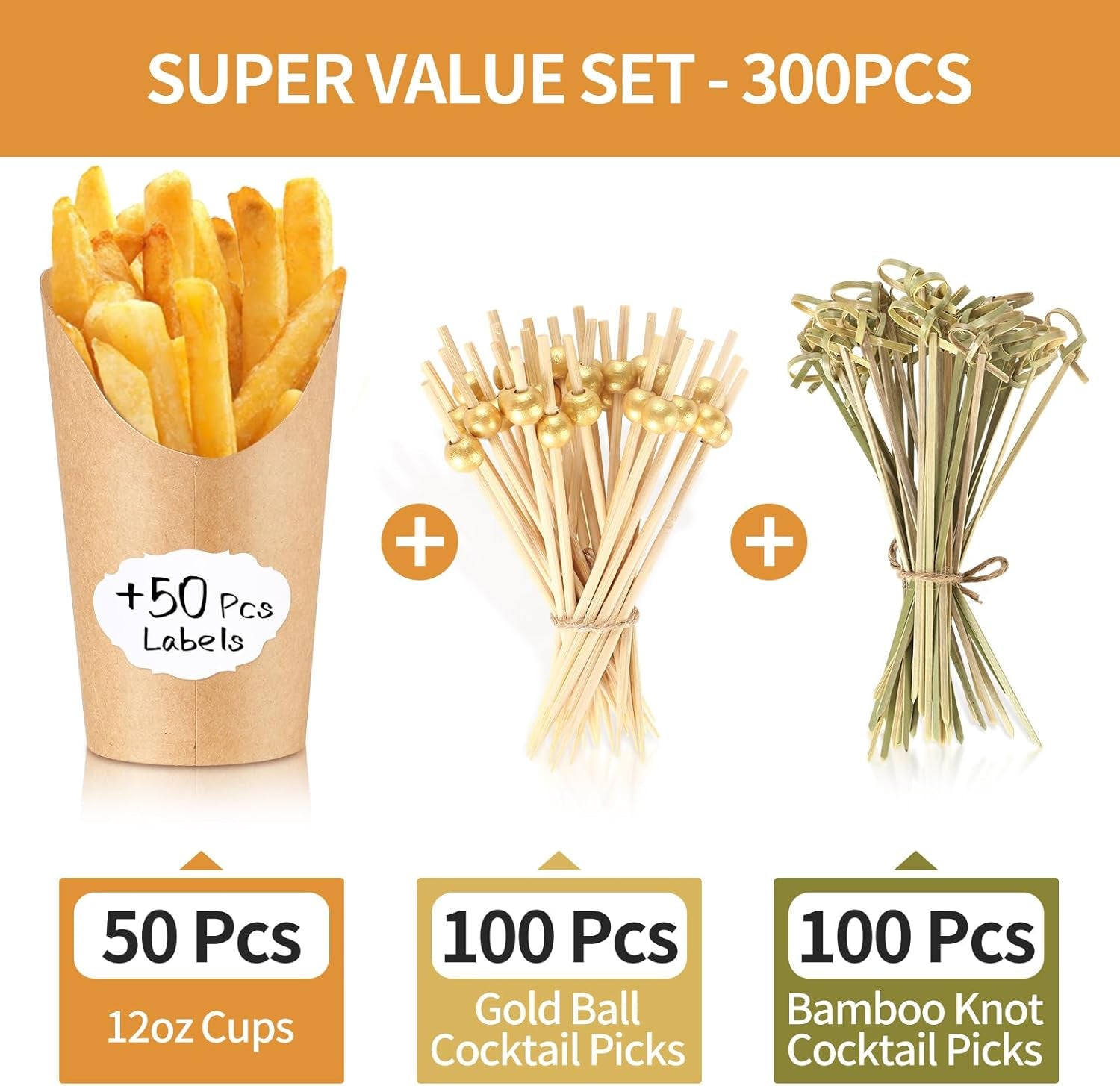 50 Charcuterie Cups with Sticks + 200 Cocktail Picks + 50 Labels, Disposable French Fry Holder with Bamboo Skewers Toothpicks, 12 Oz Brown Kraft Paper Appetizer Cups Charcuterie Boards Accessories