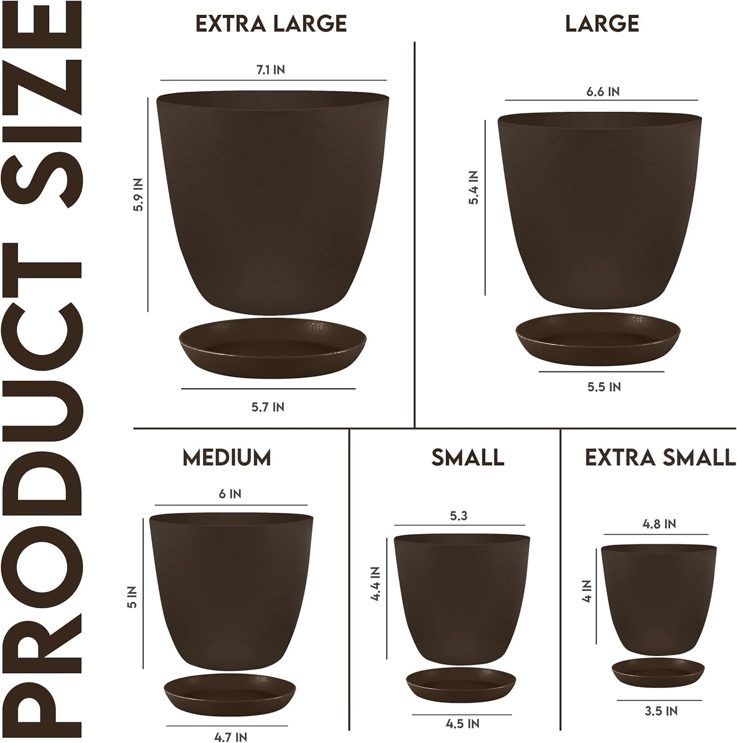 Plastic Planters - Flower Nursery Pots Indoor Modern Decorative Plastic Pots for Plants, Succulents, Flowers, and Cactus (5 Pack, Multisize, Brown)