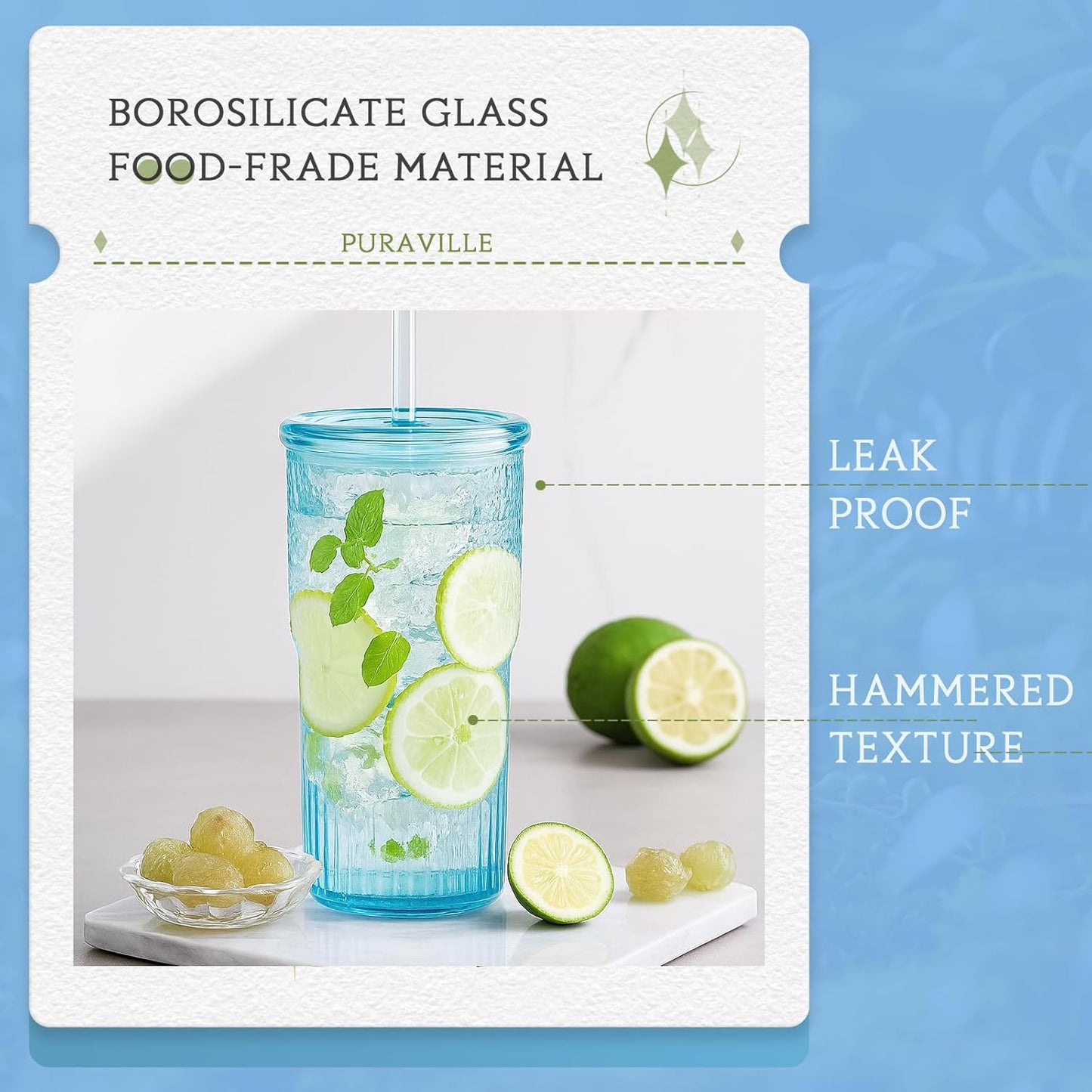 20Oz Glass Cups with Lids and Straws, 2 Pack High Borosilicate Iced Coffee Cups Drinking Glasses Tumbler for Smoothie, Water, Tea, Juice Drinks, Shimmering Blue