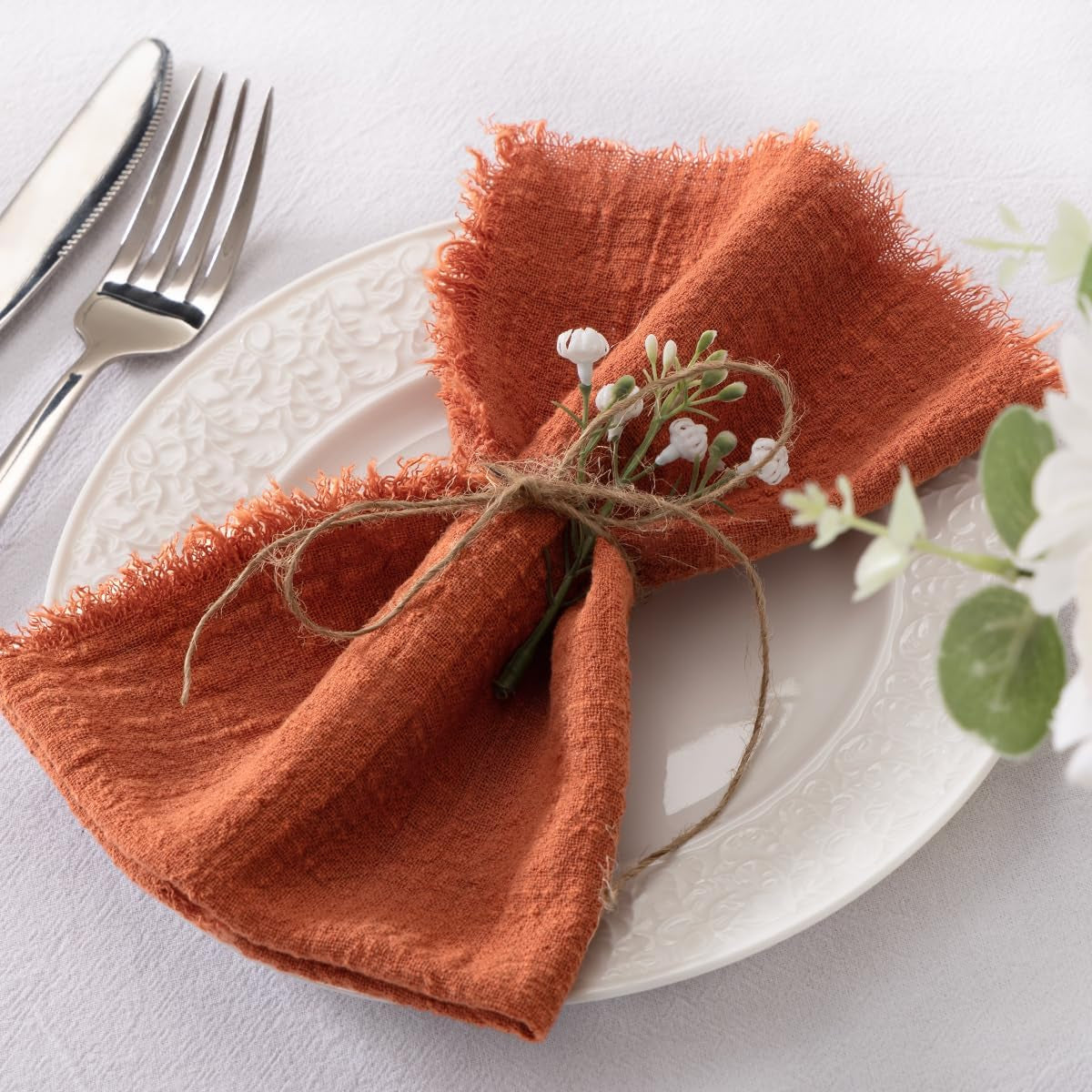 Set of 6 Linen Napkins Terracotta Easter Spring Cloth Napkins Washable Cotton Dinner Napkins Fringe 17"X17" for Wedding Party Bridal Baby Shower Birthday Table Decorations