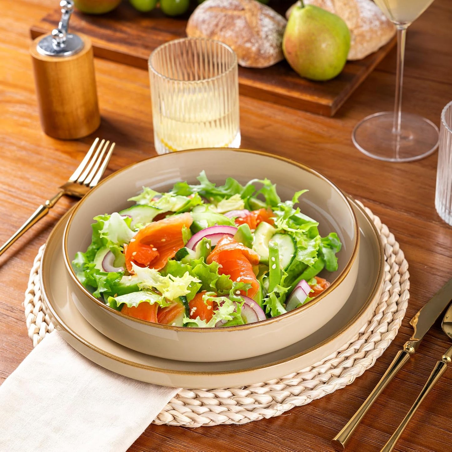 Large 9-Inch Ceramic Pasta Bowls Set of 4, 32 Oz Stoneware Serving Bowls for Kitchen Use, Versatile Wide Bowls for Fruit, Pasta, Salad, Oatmeal, Microwave Safe with Reactive Glaze in Warm Sand Finish