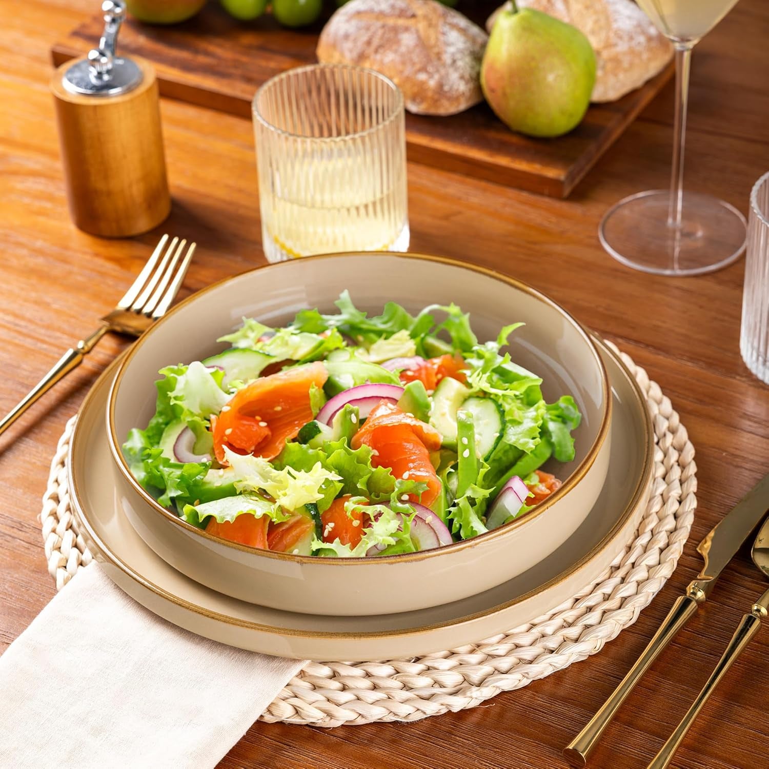 Large 9-Inch Ceramic Pasta Bowls Set of 4, 32 Oz Stoneware Serving Bowls for Kitchen Use, Versatile Wide Bowls for Fruit, Pasta, Salad, Oatmeal, Microwave Safe with Reactive Glaze in Warm Sand Finish