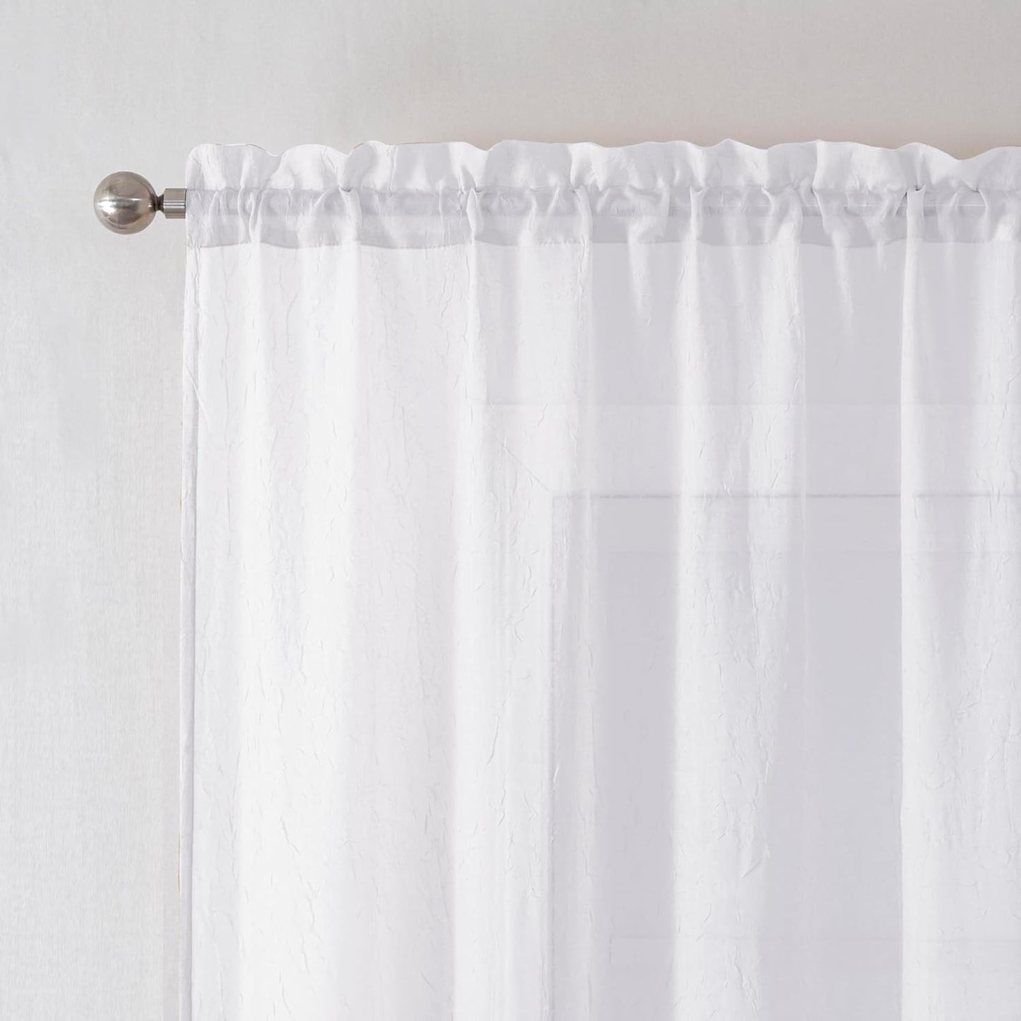 Crushed White Sheer Cafe Curtains 36 Inch Length 2 Panels, Light Filtering Crinkle Voile Bedroom Living Room Short Curtains, Each 42Wx36L Inches