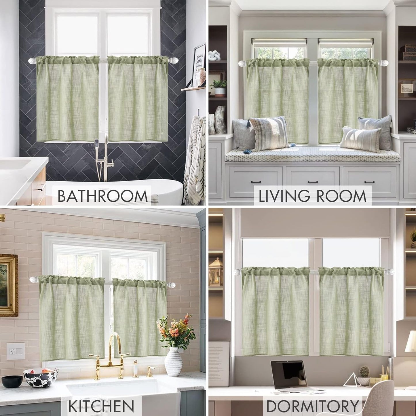 Linen Textured Kitchen Window Curtains over Sink 24 Inch Length Semi Sheer Farmhouse Small Small Curtains for Cafe Bathroom Basement, Short Rod Pocket Tier Curtains 2 Panels W26XL24, Sage Green