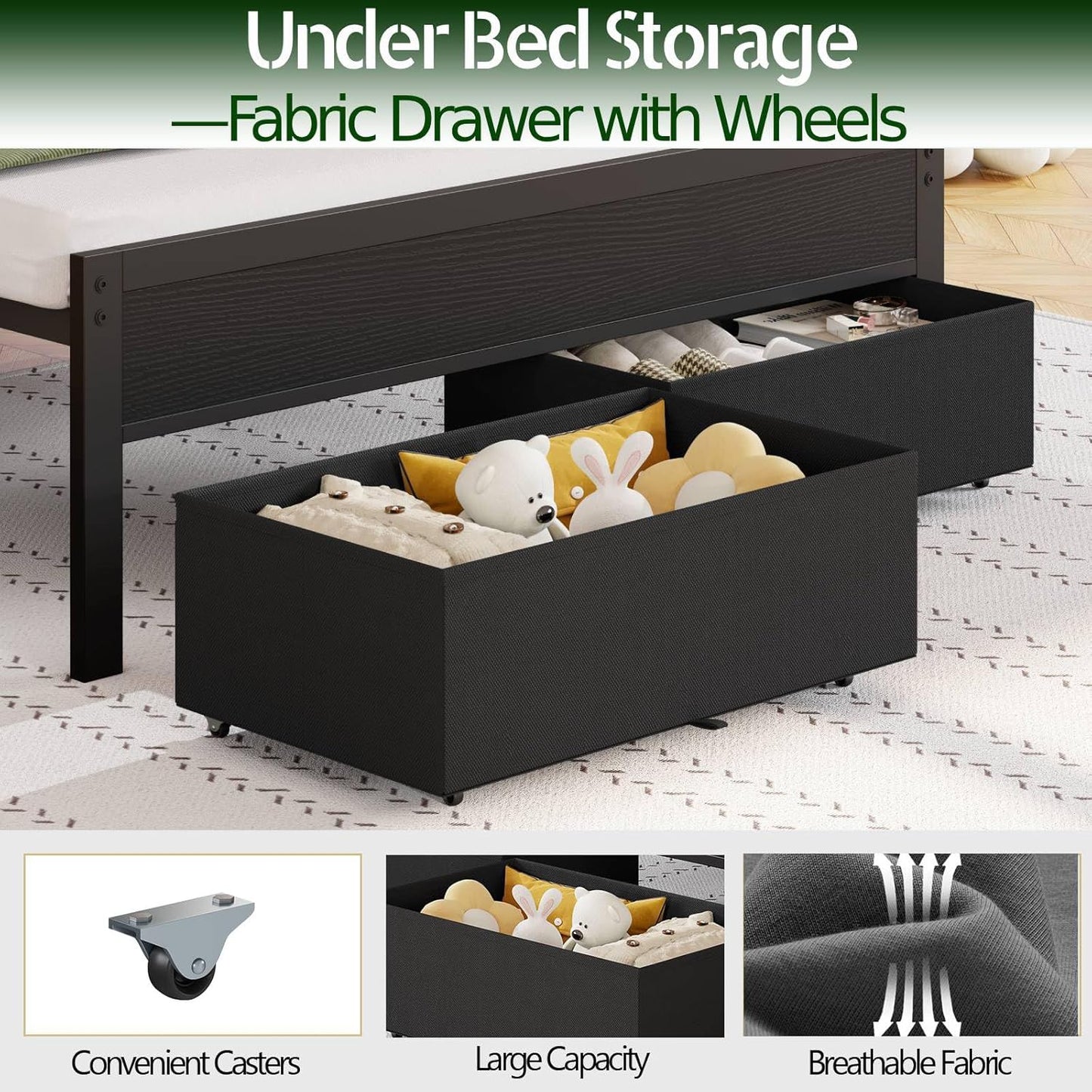 Twin Bed Frame with Integrated Charging Station and LED Lighting, Grey Upholstered Headboard with Shelving, Metal Platform Design featuring Under-Bed Storage Drawers on Wheels, No Box Spring Required