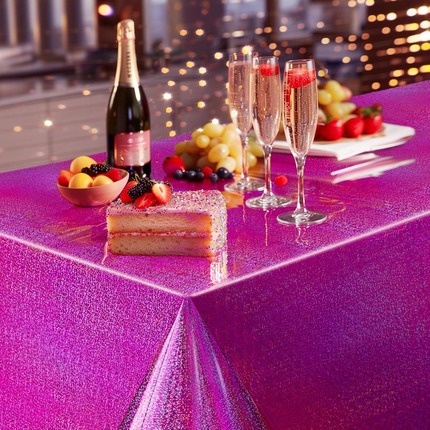 Fuchsia Holographic Foil Tablecloths - Set of 2, 54x108 Durable Table Covers with Elegant Shimmer for Parties, Weddings, and Showers