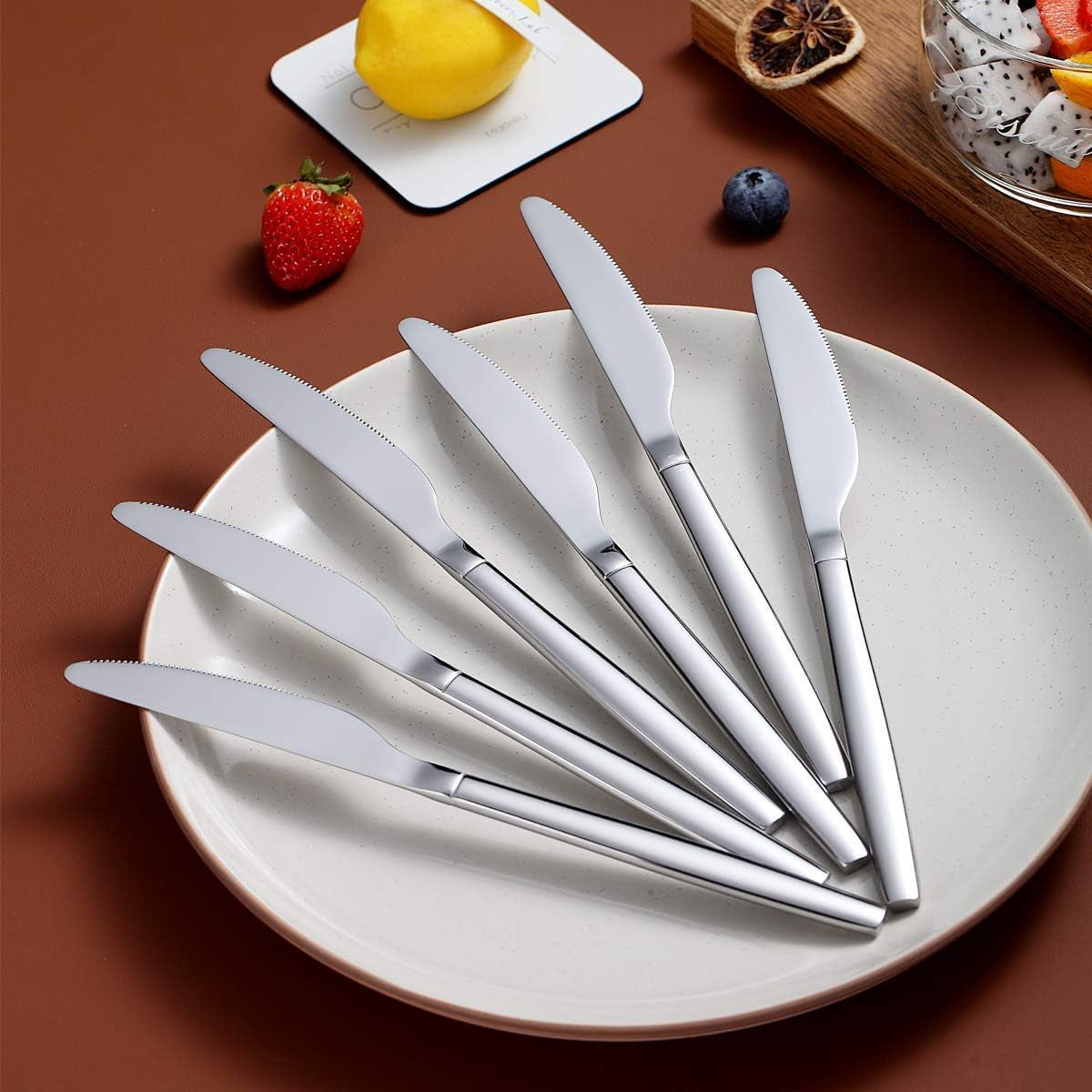 Set of 6 Stainless Steel Modern Dinner Knives - Dishwasher Safe Shiny Butter Knives