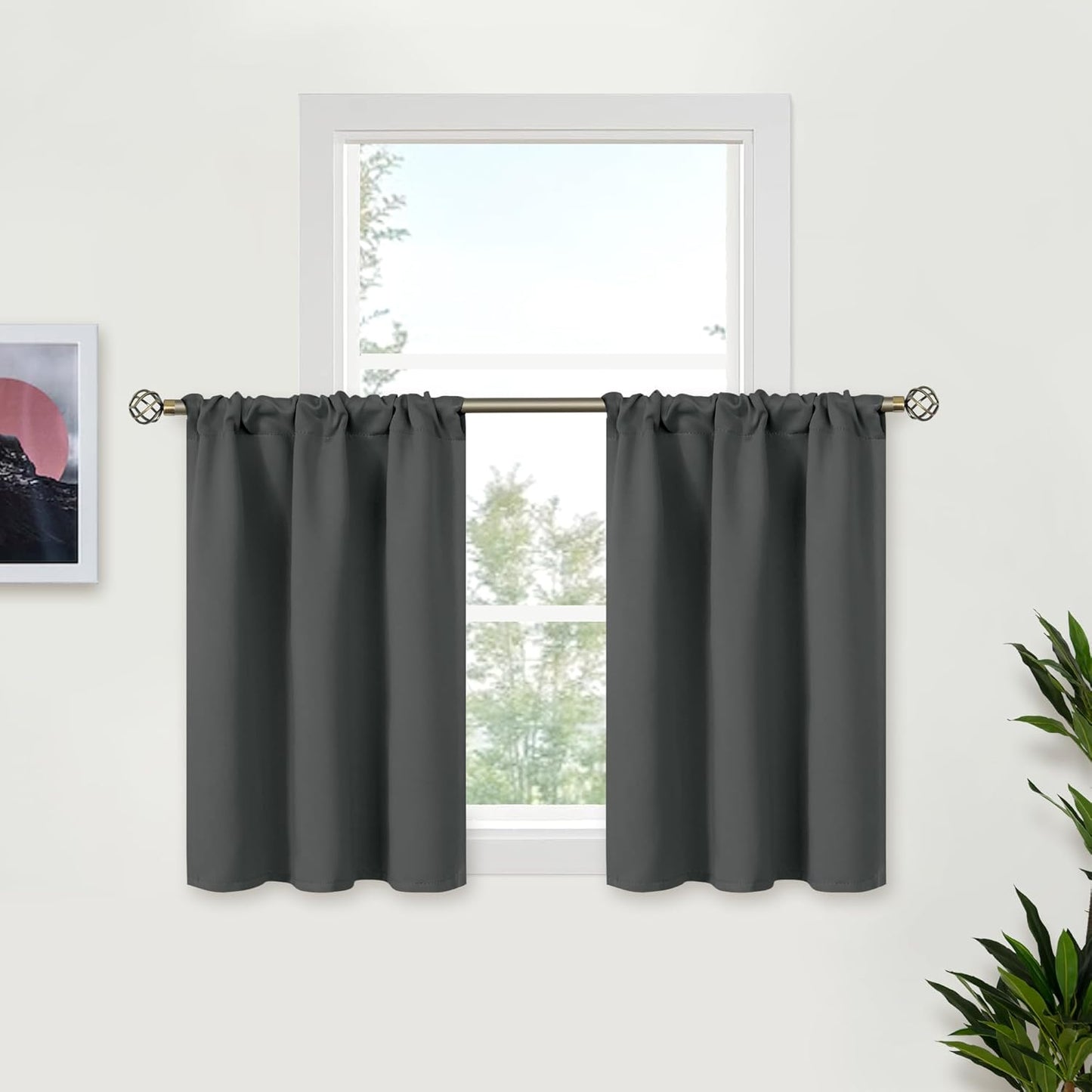 Small Blackout Curtains 36 Inch Length for Kitchen Window over Sink - Dark Grey Cafe Drapes Half Window with Rod Pocket for Rv Bathroom, 2 Panels, 34 X 36 Inch