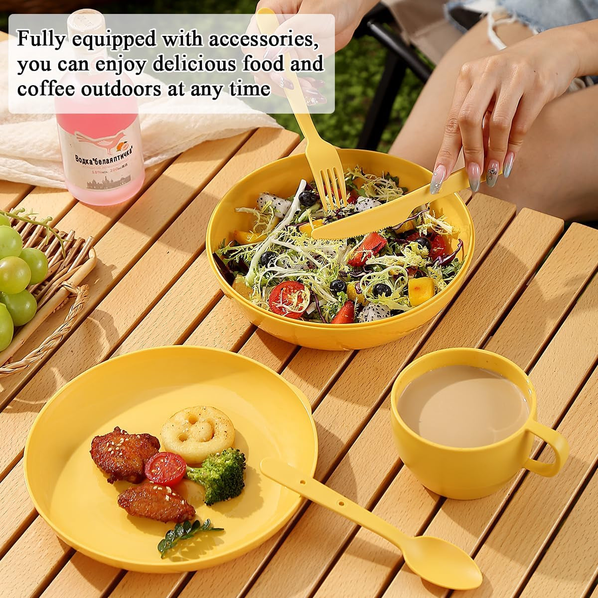 Compact Camping Mess Kit with Bowl, Plate, Cup, Spoon, Fork, Knife, and Carry Bag - Space-Saving, Portable Plastic Utensils for Travel, Picnics, and Outdoor Activities (Gold Yellow)