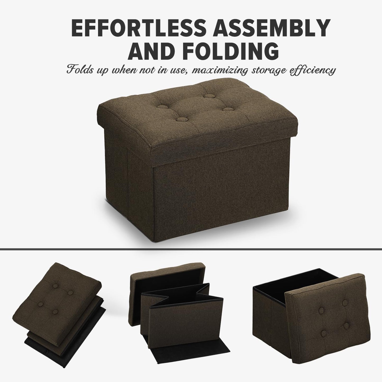 Linen Cloth Ottoman Storage Stool - Compact Folding Footrest in Brown, 16" x 12" x 12