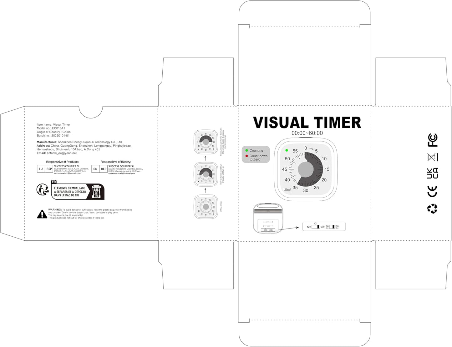 Visual Timer for Kids, 60 Minute Countdown Kitchen Timer for Cooking, Time Management Tool for Classroom, Teacher, Home School, Toddlers, Office, Study, Game - Battery Included