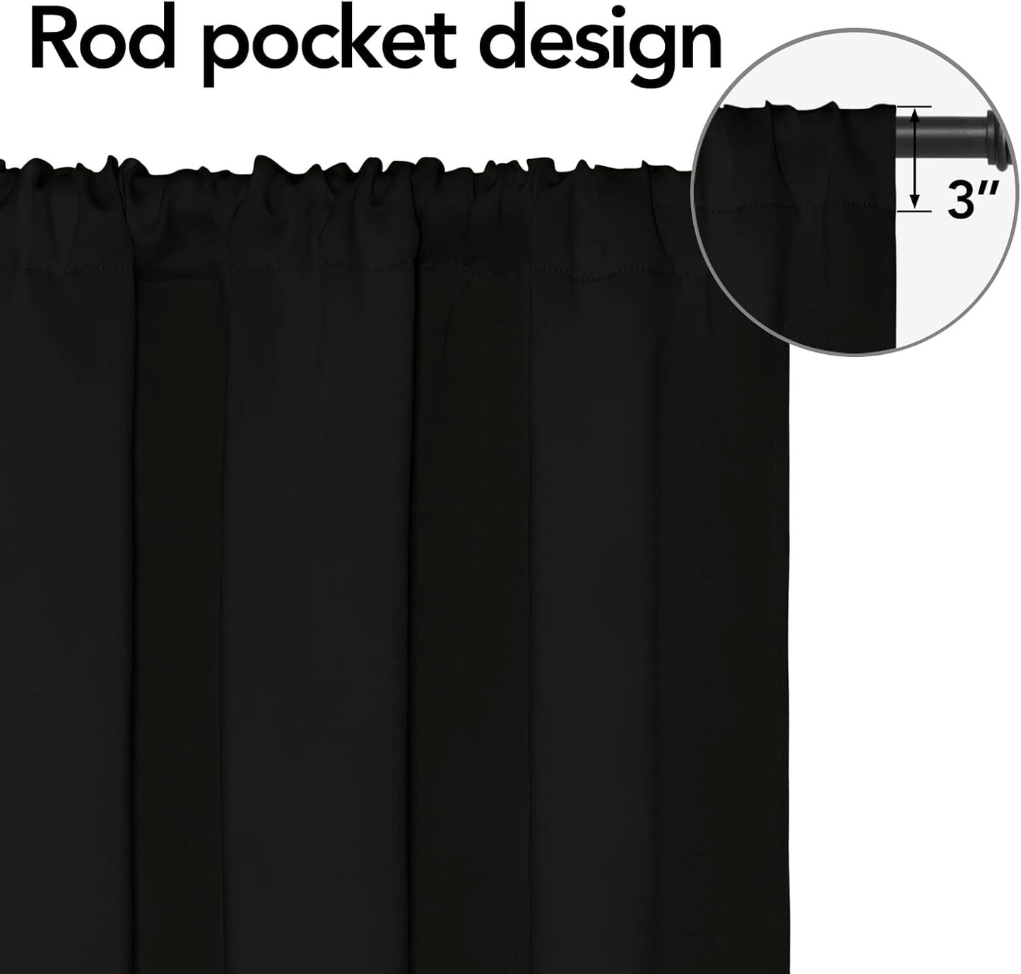 Rod Pocket Blackout Curtains for Bedroom, Room Darkening Window Curtains for Living Room, Thermal Insulated Noise Reduction Solid Window Drapes, 2 Panels(34X63 In, Black)