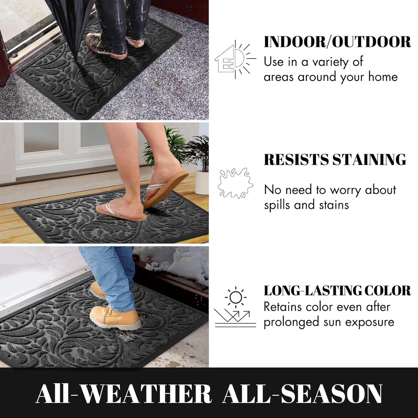 Door Mat outside Entrance, Heavy Duty Non-Slip Outdoor Mats for Front Door, All-Weather Waterproof Sturdy Doormat, Low Pile Entry Mat Indoor for Garage and Patio, Easy Clean, 29.5X17, Grey