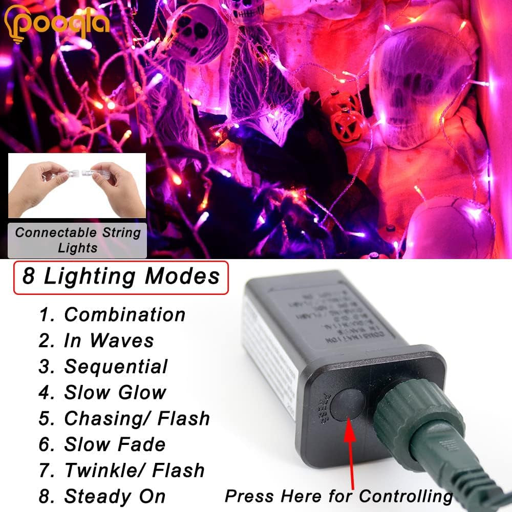 Halloween Lights, 66 Ft 200 LED Indoor Outdoor Halloween String Lights Plug In, Connectable 8 Modes Clear Wire Twinkle Fairy String Lights for Xmas Tree Decoration Clear Wire, Orange and Purple
