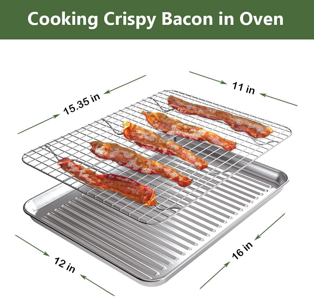 Stainless Steel Baking Sheet and Rack Set (2 Pans + 2 Racks) - Nonstick, Heavy Duty, Warp Resistant, Rust Free, Size 16 x 12 x 1 Inches
