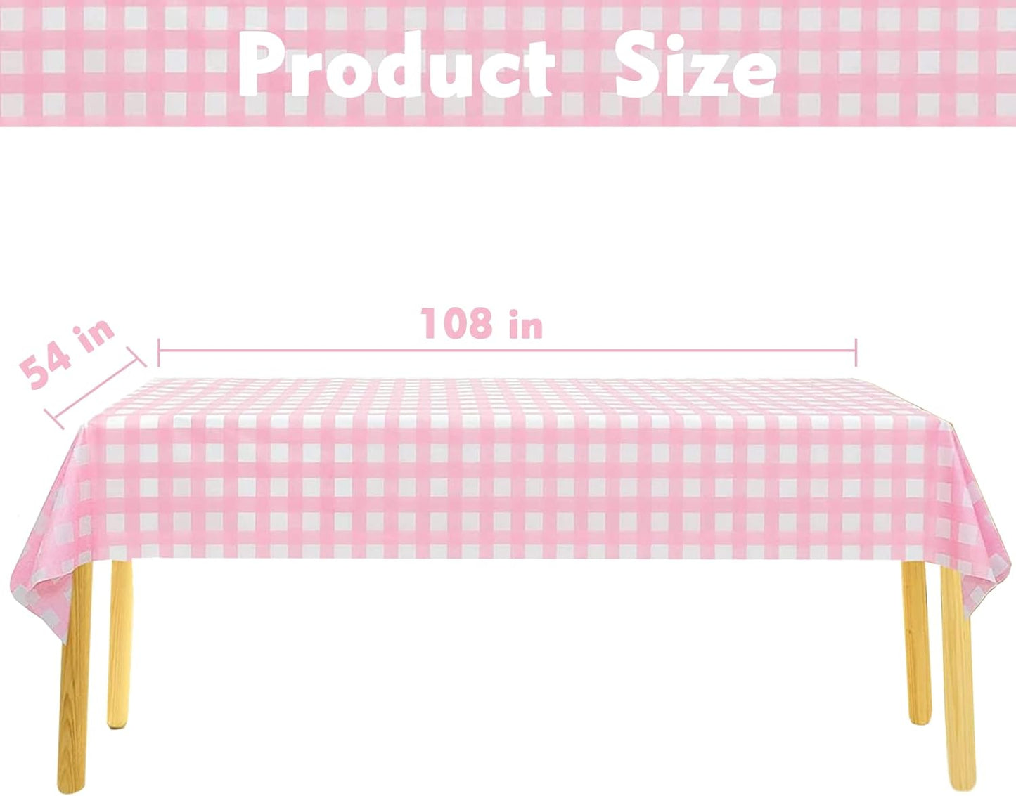 3 Packs Pink Gingham Tablecloth Pink and White Checkered Tablecloths 54 X 108 Inches Disposable Plastic Gingham Tablecovers Waterproof Rectangle Picnic Table Covers for Birthday Party Supplies
