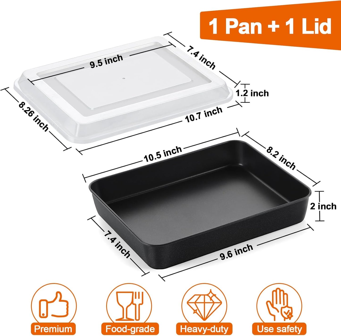 Toaster Oven Pan with Lid, Nonstick Cake Lasagna Pan Rectangular Tray for Baking Roasting Storing, Stainless Steel Core & Plastic Cover, Oven & Freezer Safe, (10.5 Inch, 2Pcs)