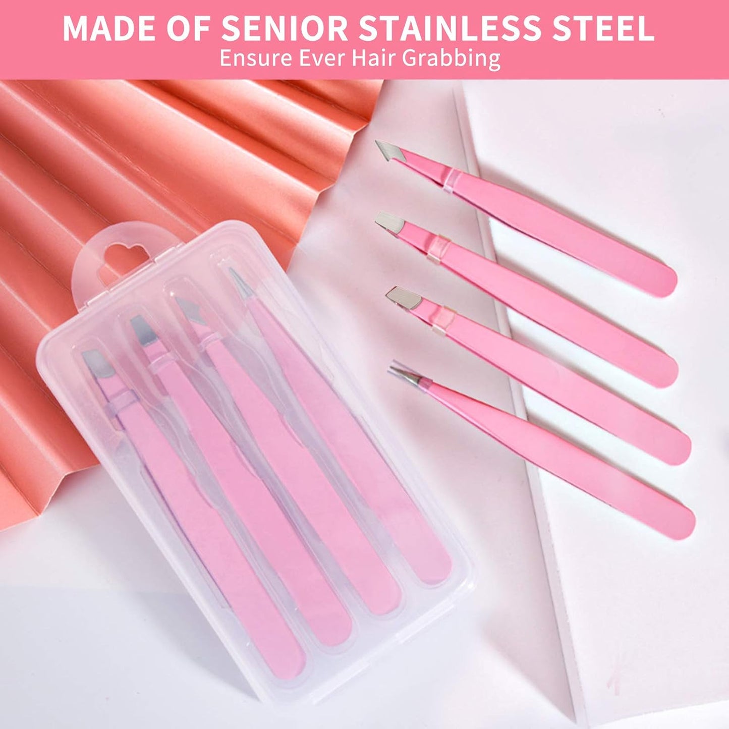 Tweezers Set 4-Piece, Professional Stainless Steel Tweezers, Precision Tweezers for Eyebrows, Facial Hair, Ingrown Hair, Splinter, Blackhead Remover (PINK)…