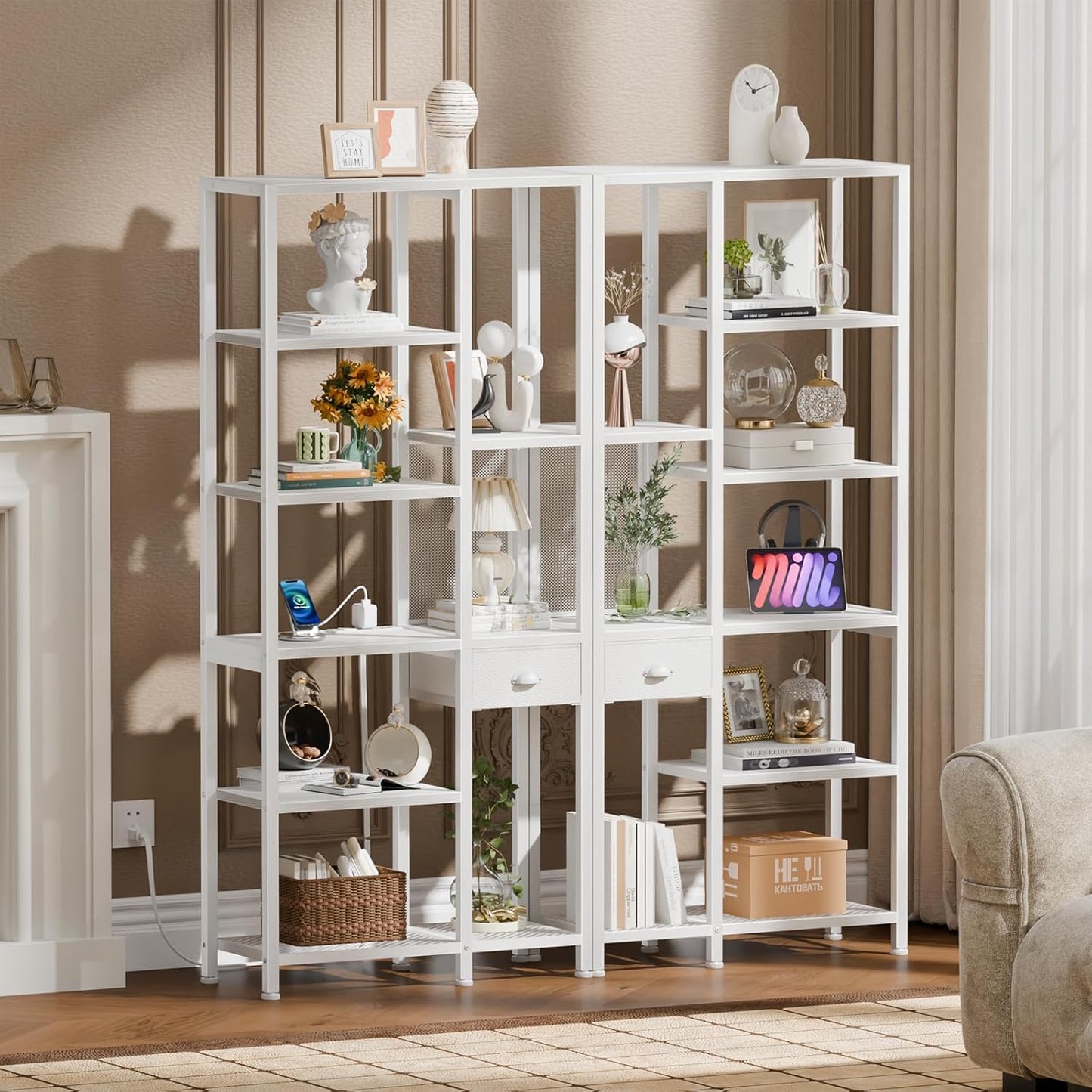 6-Tier Bookshelf with Charging Station, Double Display Shelf with Drawer, Tall Freestanding Bookcase, Metal Open Book Shelf for Living Room, Bedroom, Home Office, White
