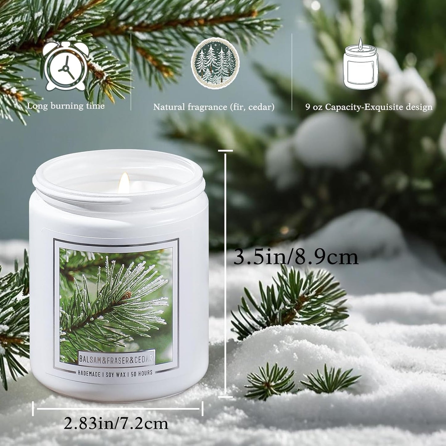 Balsam Pine Candle, Christmas Balsam Fir Candles Scented, 9Oz Holiday Candles with 50+ Hour Burn Time, Fir Cedar Tree Scent Gifts for Women