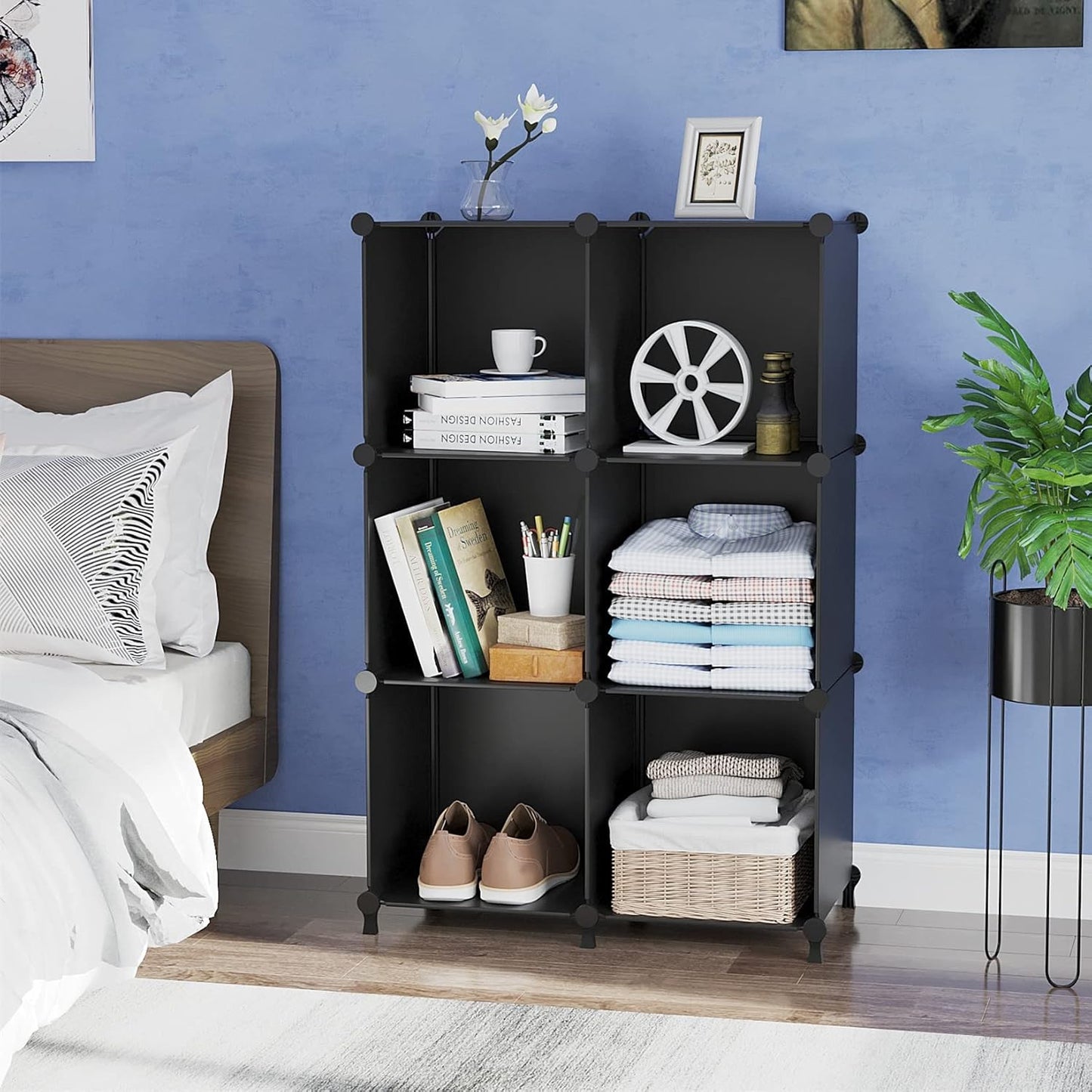 Cube Storage Organizer, Storage Cubes Shelves Bookshelf, 6 Cube Closet Organizers and Storage, DIY Stackable Plastic Clothes Organizer Shelving for Bedroom, Home, Black