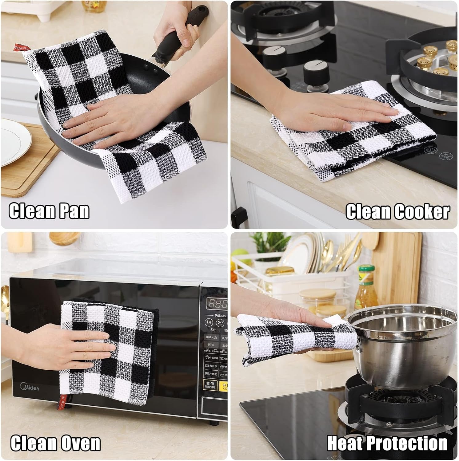 Buffalo Plaid Kitchen Towels Set, 4 Pack 100% Cotton Waffle Weave Dish Towels for Kitchen, Super Soft Absorbent Kitchen Hand Dish Cloths for Drying and Cleaning(13" X 28", Black & White)