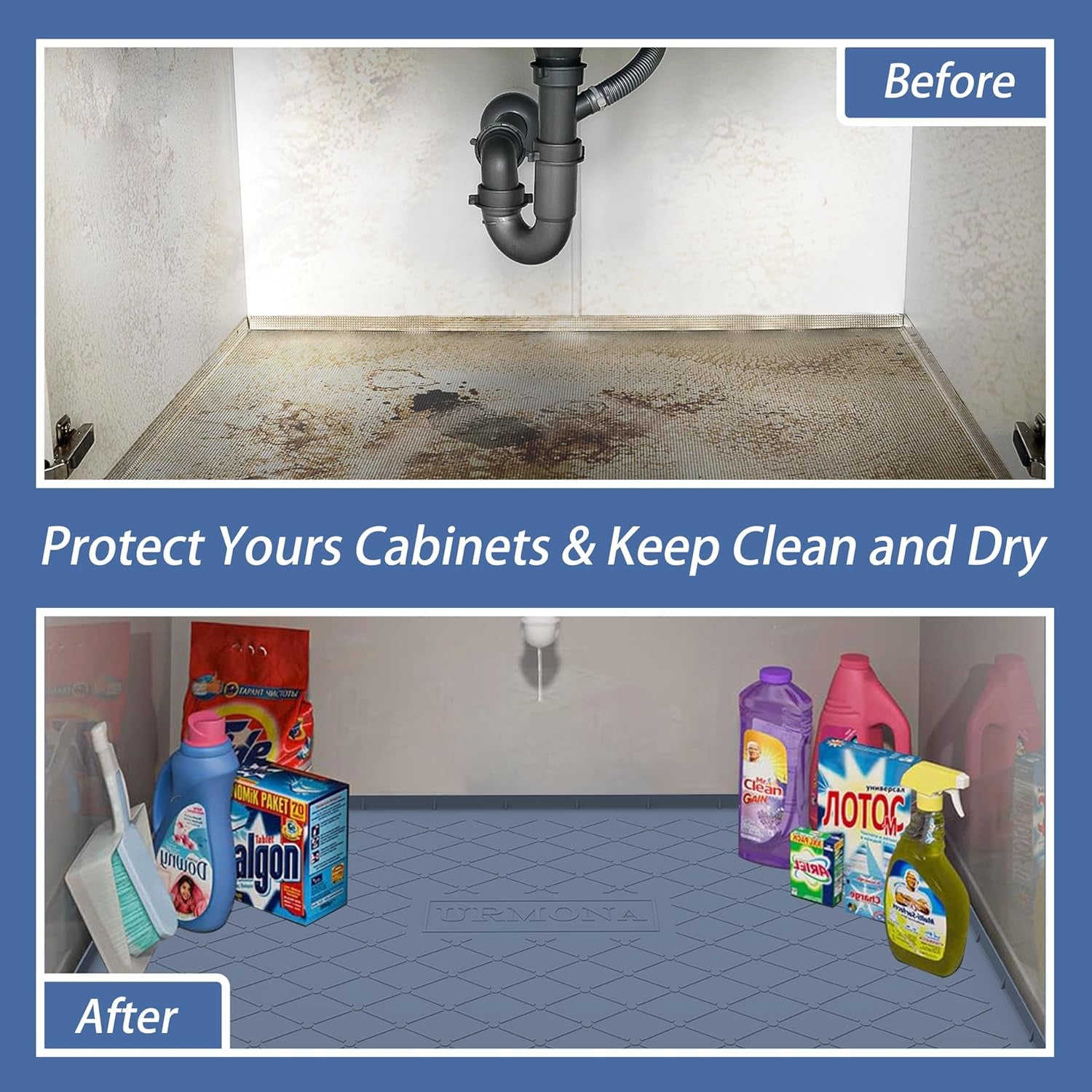 under Sink Mat for Kitchen Waterproof, 34" X 22" Silicone under Sink Mat for Shelf Liner Organizer, Cabinet Sink Protector under Sink Liner for Bottom Kitchen, Bathroom(Light Grey)