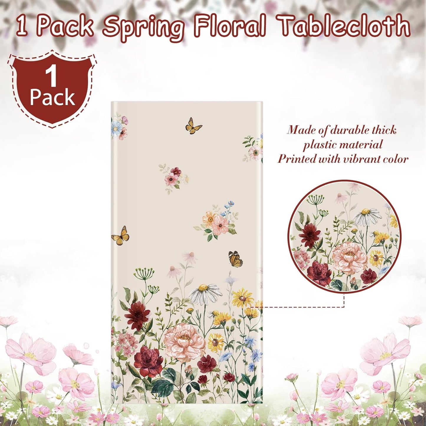 1 Pcs Spring Floral Tablecloth, Butterfly Wildflower Plastic Disposable Tablecloth Rectangle Table Covers for Easter, Birthday, Wedding, Mothers Day Tea Party Supplies and Decorations,54 X 108 Inch