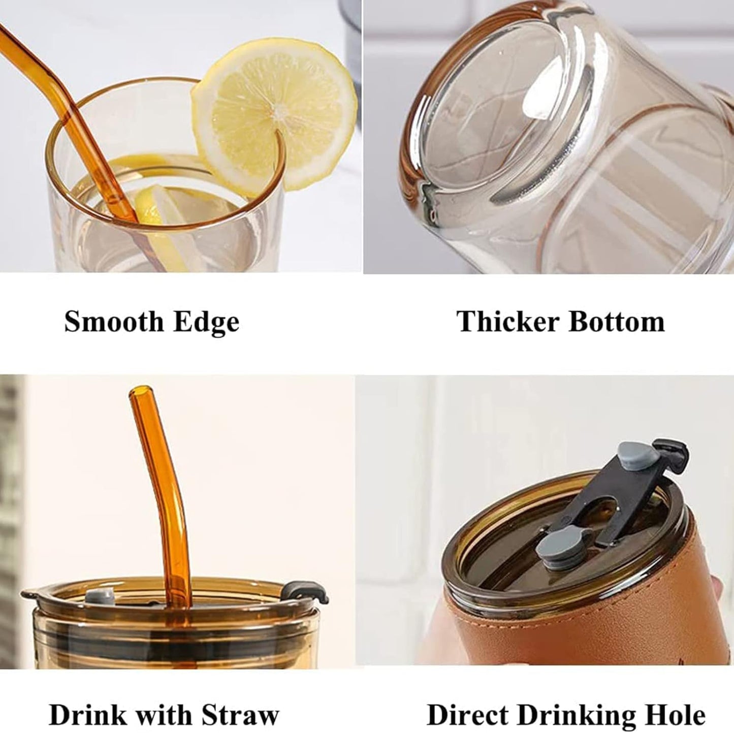 13 Oz Tumbler Water Glass, Water Bottle with Straw and Dustproof Lid, Coffee Ice Cup Double Wall Insulated Glass Cup (Amber with Sleeve and Strap)