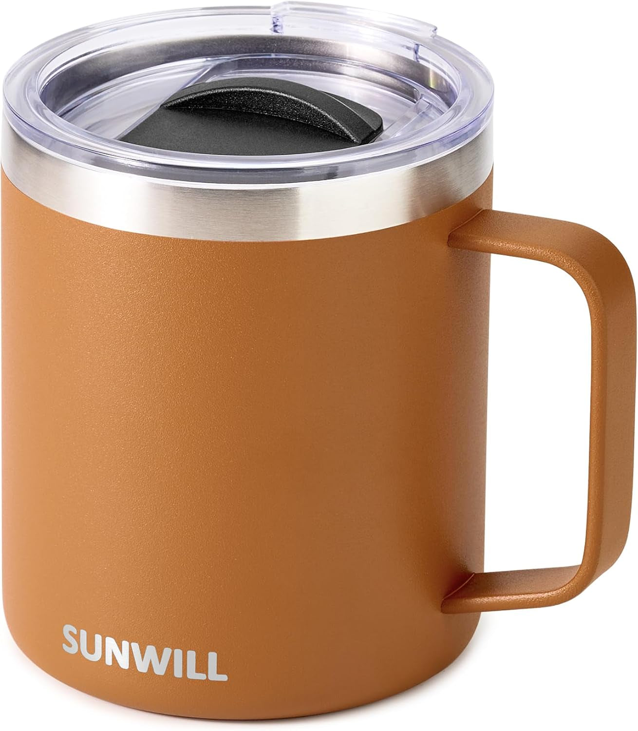 Insulated Coffee Mug with Lid, Travel Tumbler with Handle, 14 Oz Stainless Steel Cup for Camping, Office, Home, Powder Coated Caramel
