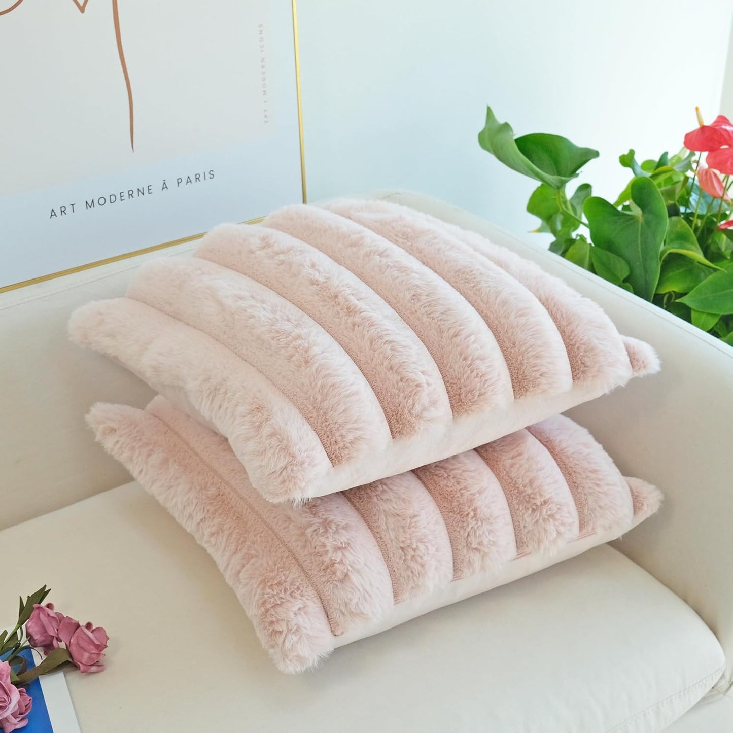 Pack of 2 Faux Fur Plush Decorative Throw Pillow Covers Couch Cushion Case Soft Fluffy Pillowcases Wide Stripe (Pink, 18 X 18 Inch)