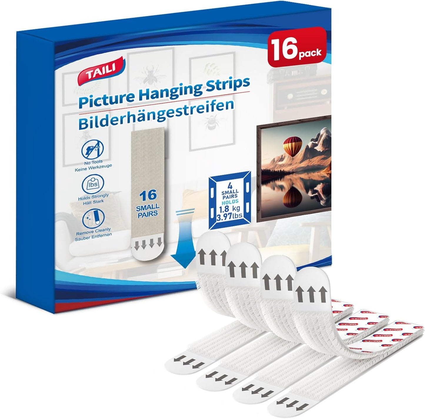 Picture Hanging Strips Heavy Duty, Small 16 Pairs (32 Strips) Frame Hangers Strips for Walls, Pictures Hanging Kit without Nail, Damage Free Adhesive Poster Strips for Decor, Art, Mirror