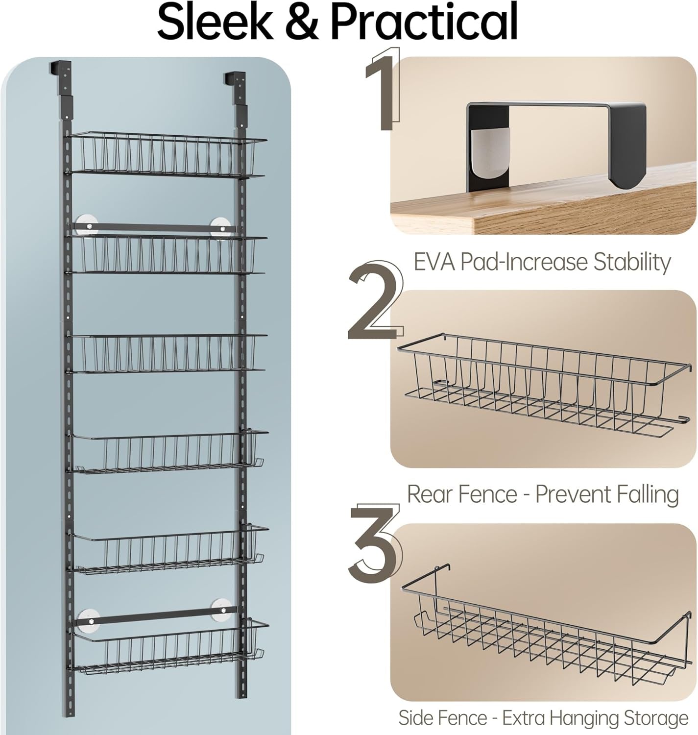 Adjustable Cabinet Door Organizer, 6-Tier Hanging Spice Rack Organizer, Metal over the Door Pantry Organizer, Pantry Organizers and Storage Shelves for Kitchen Bathroom Laundry Room, Black