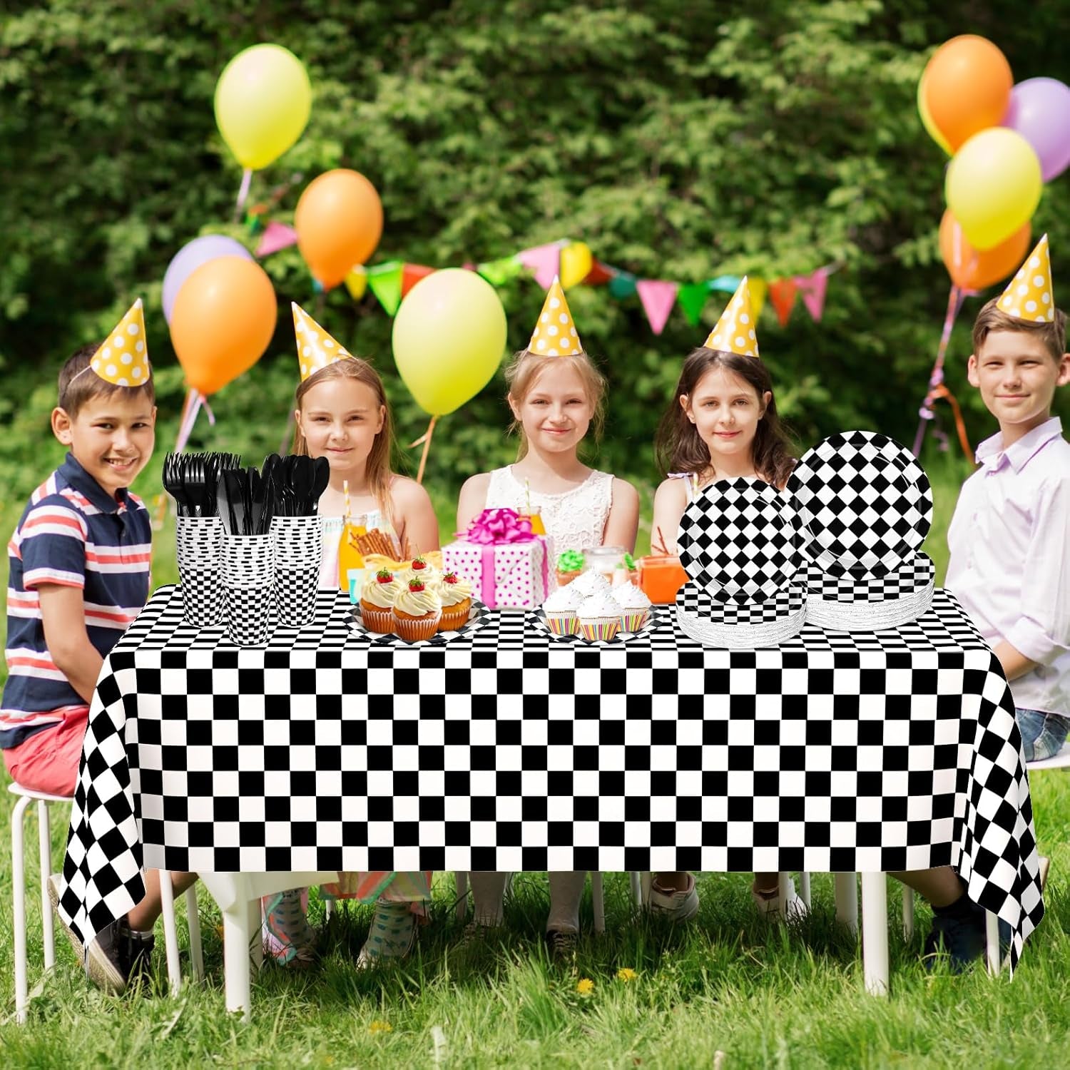 176 PCS Race Car Birthday Party Decorations Black and White Gingham Plates and Napkins, Cups Plastic Spoons Forks Knives, Cutlery for Cars Birthday Decorations, Serves 25