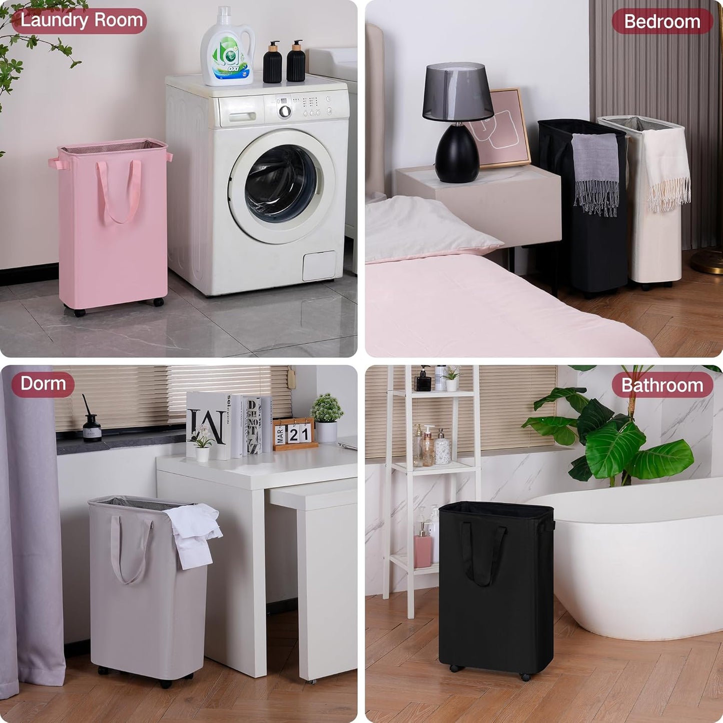 Slim Laundry Hamper with Wheels, Rolling Laundry Basket for Clothes, Small Laundry Basket for Bedroom, Dorm and Laundry Room, 60L (12.7 Gallons) Beige