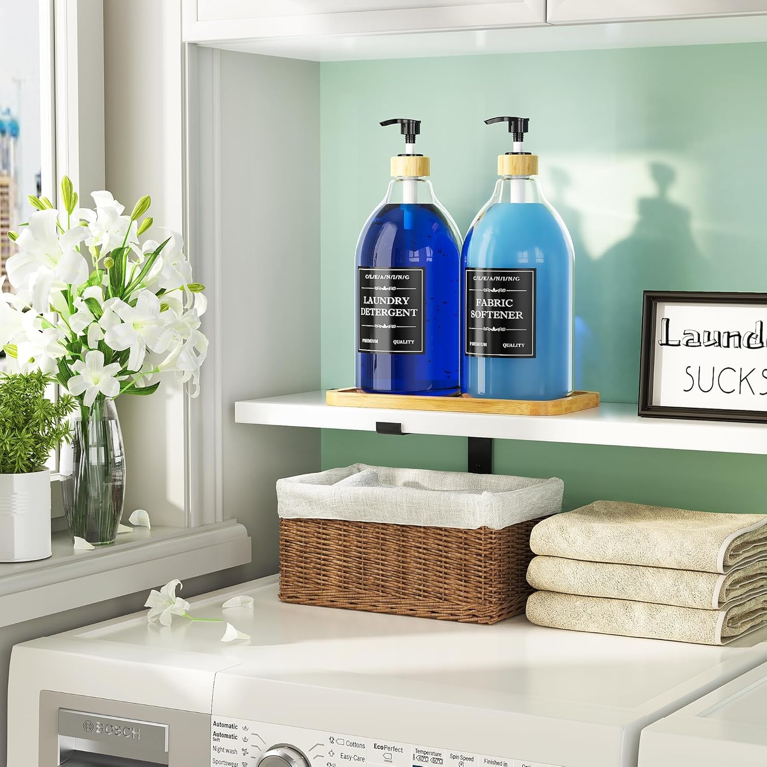 Liquid Laundry Detergent Dispenser with Bamboo Tray, 2 Pack 64 Oz Plastic Laundry Soap Dispenser, Fabric Softener Dispenser with Pump and Labels for Laundry Room Decor and Organization