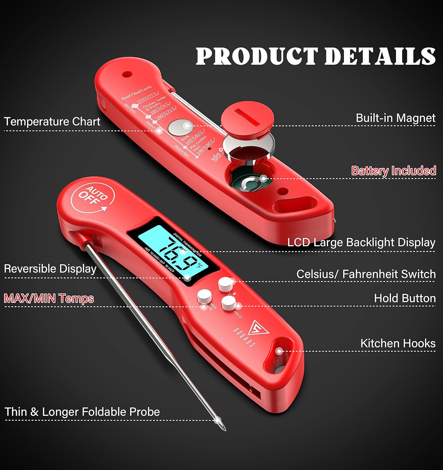 Digital Meat Thermometer, Instant Read Food Thermometers for Cooking, Kitchen Probe with Backlit & Reversible Display, Wide Temperature Range for Turkey, Grill, BBQ, Baking, Bread, Sourdough