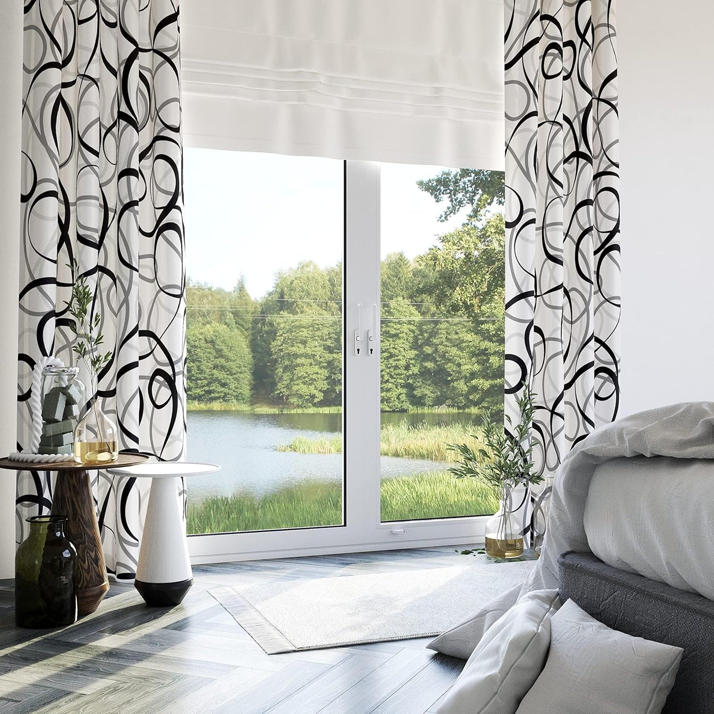 Black Grey White Geometric Curtains 2 Panels Sets Abstract Line Modern Art Pattern Window Treatments Room Darkening Heat Blocking Elegant Curtain Decor for Living Room Bedroom 52X84 Inches