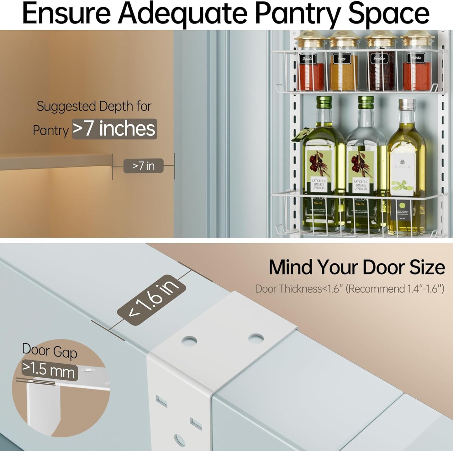 Pantry Door Organizer, Adjustable Metal over the Door Pantry Organizer Rack, 6-Tier over the Door Spice Rack, Kitchen Pantry Door Organizers and Storage, D5 W12 H52.1 Inch, White, Small