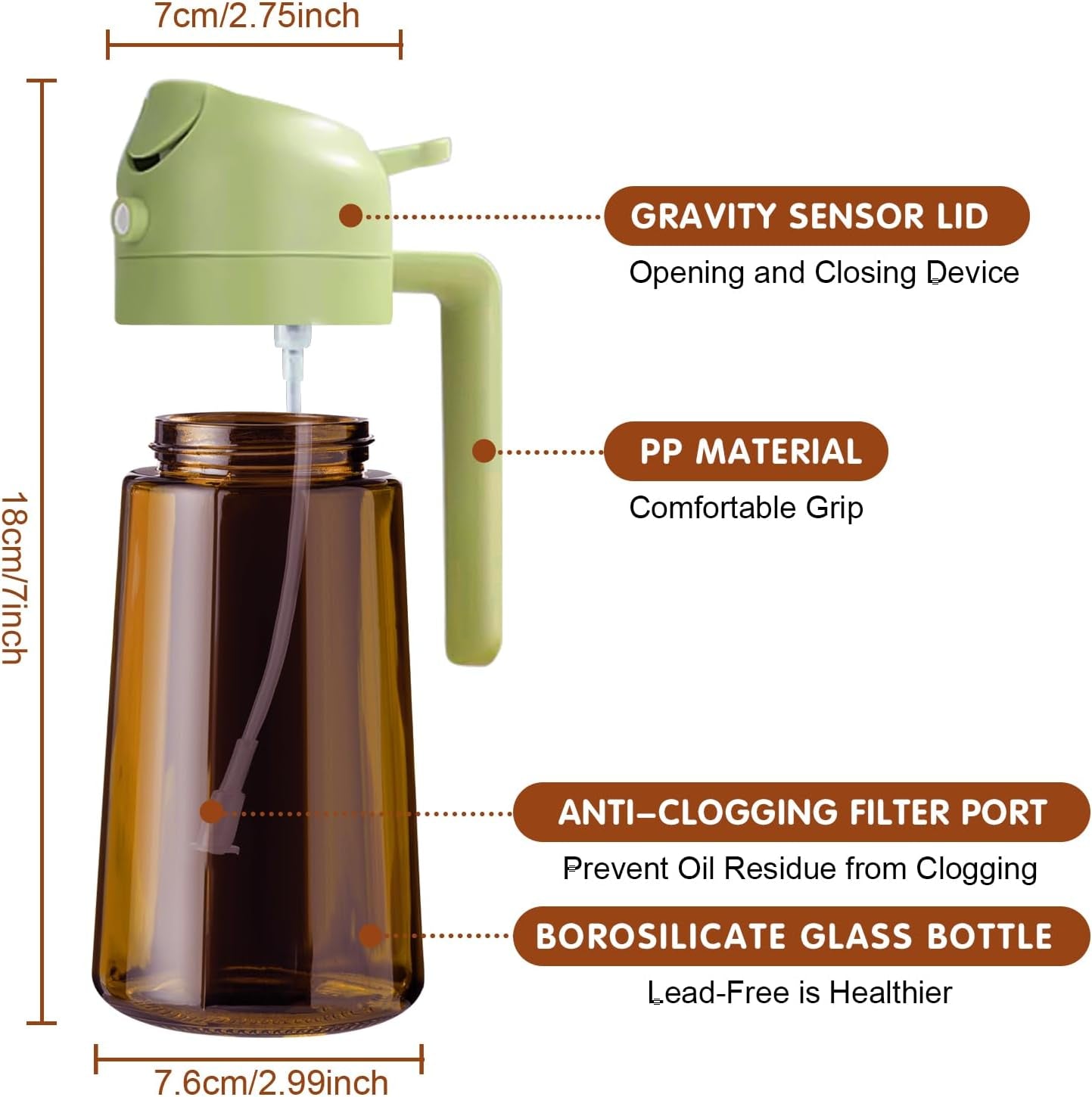 16Oz/470Ml Light Blocking Oil Sprayer for Cooking with Stickers, Food-Grade 2 in 1 Olive Oil Dispenser Bottle for Kitchen, Premium Dark Amber Glass Oil Bottle for Air Fryer, Bbq(Green)