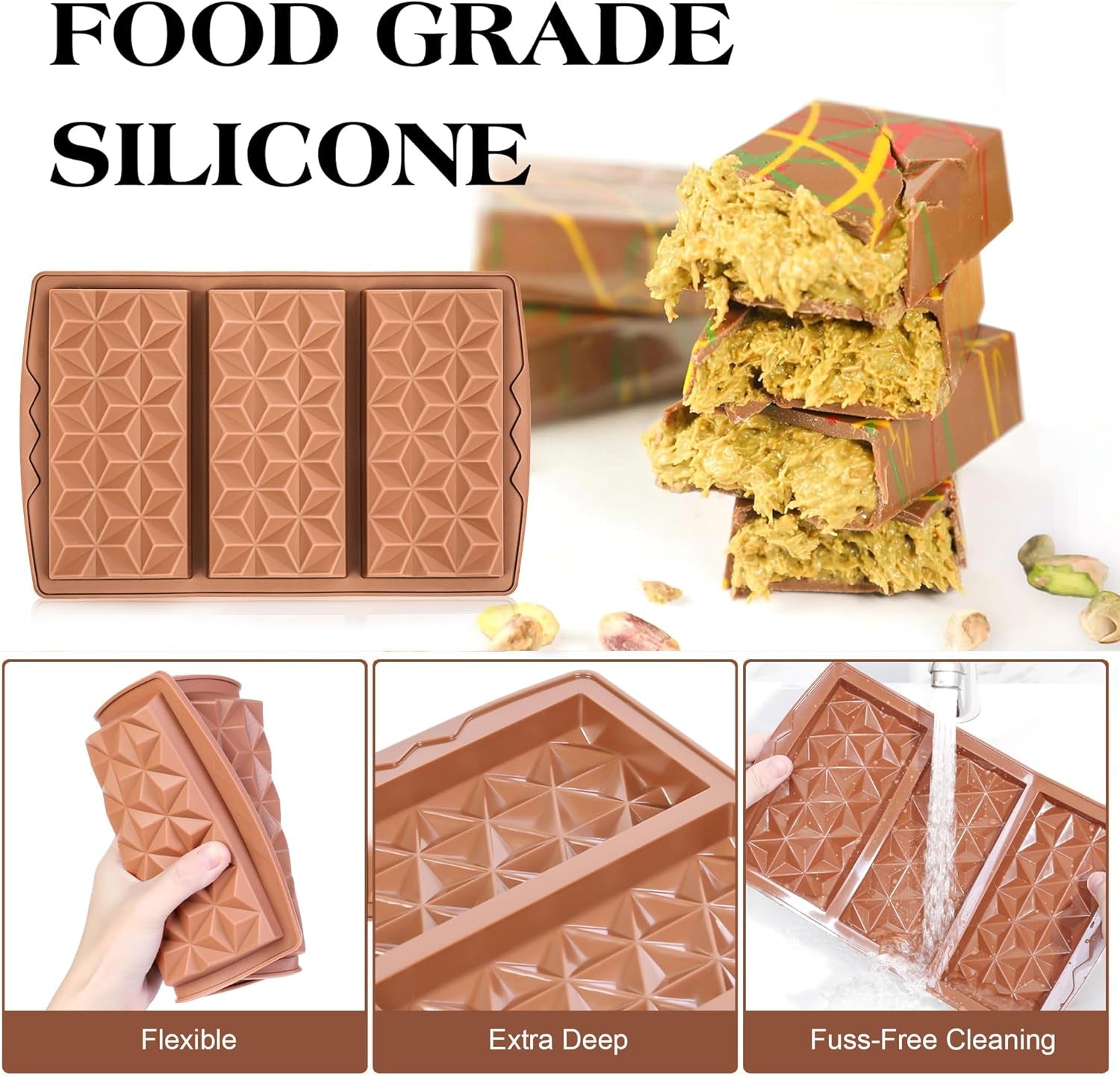 Large Silicone Mold Set for Deep Dubai Chocolate Bars - 3 Piece Pyramid-Shaped Molds for Knafeh, Pistachio, and Thick Candy Fillings