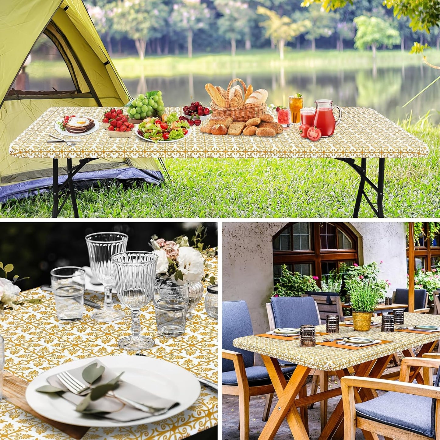 Rectangle Vinyl Table Cloth, Elastic Fitted Flannel Backed Tablecloth, 100% Waterproof Plastic Table Cover Fits 6 Foot Folding Tables for Picnic, Camping, Outdoor (Gold, 30" X 72")