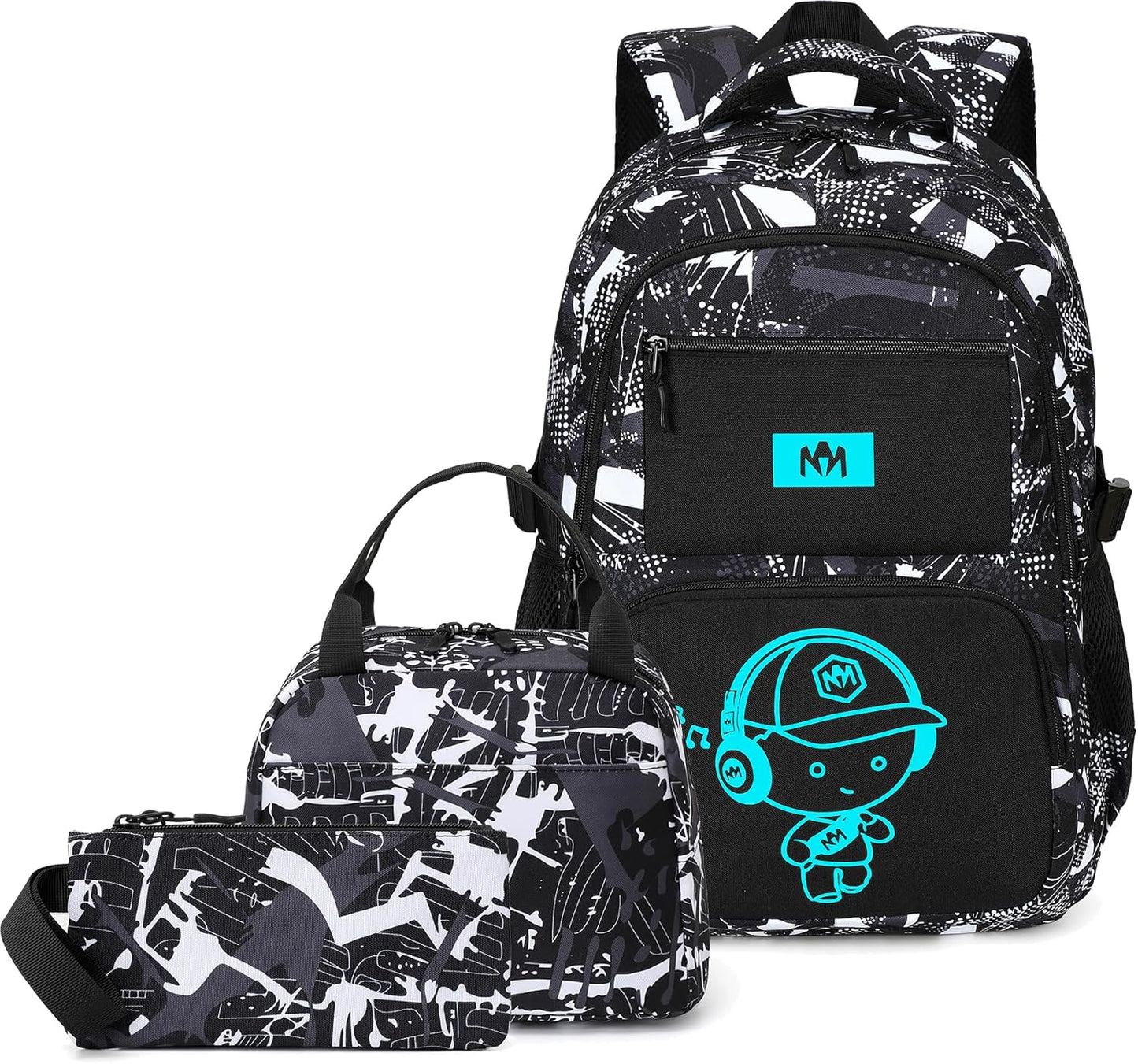 School Backpack for Boys Kids Teens 15″ Laptop Bookbag with Lunch Bag Pencil Case Elementary Middle School Daypack