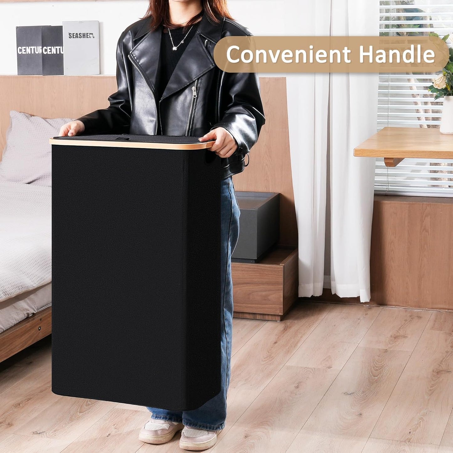 Slim Laundry Basket with Lid, Narrow Dirty Clothes Hampers for Laundry with ABS Handle, Skinny Laundry Bin for Laundry Room, Dorm, Bedroom and Bathroom, 19.8 Gallon (75L) Black