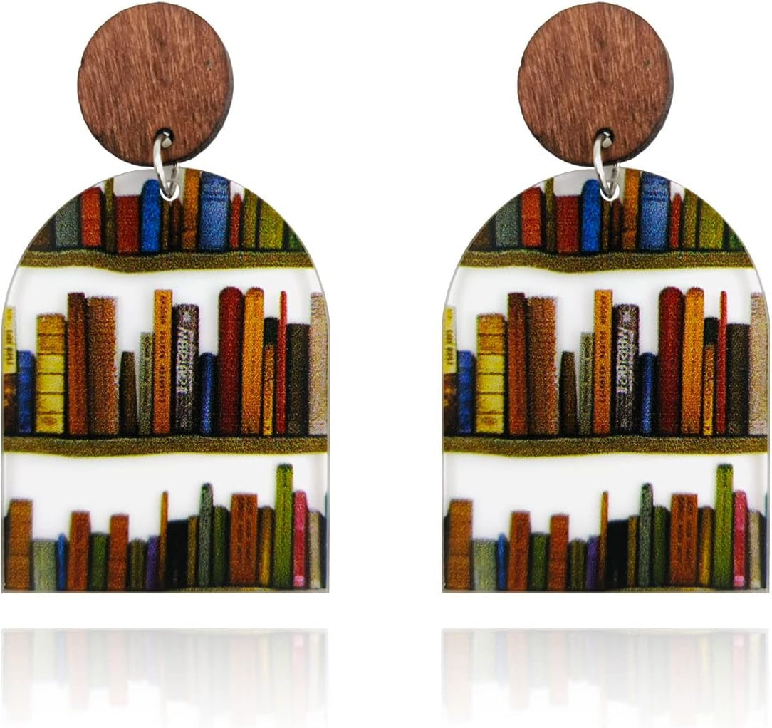 Christmas Gifts Book Earrings for Women Handmade Acrylic Bookcase Dangle Earrings with Book for Book Lovers Gift Library Earrings as Teacher Earrings for Teacher Appreciation Gifts