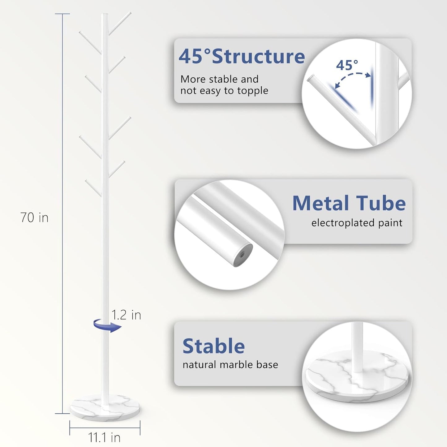 Heavy Duty Coat Rack with Natural Marble Base, Freestanding Metal Coat Stand with 8 Hooks, Modern Stable Coat Hanger Tree for Bags, Jacket, Clothes, and Hats, White Metal