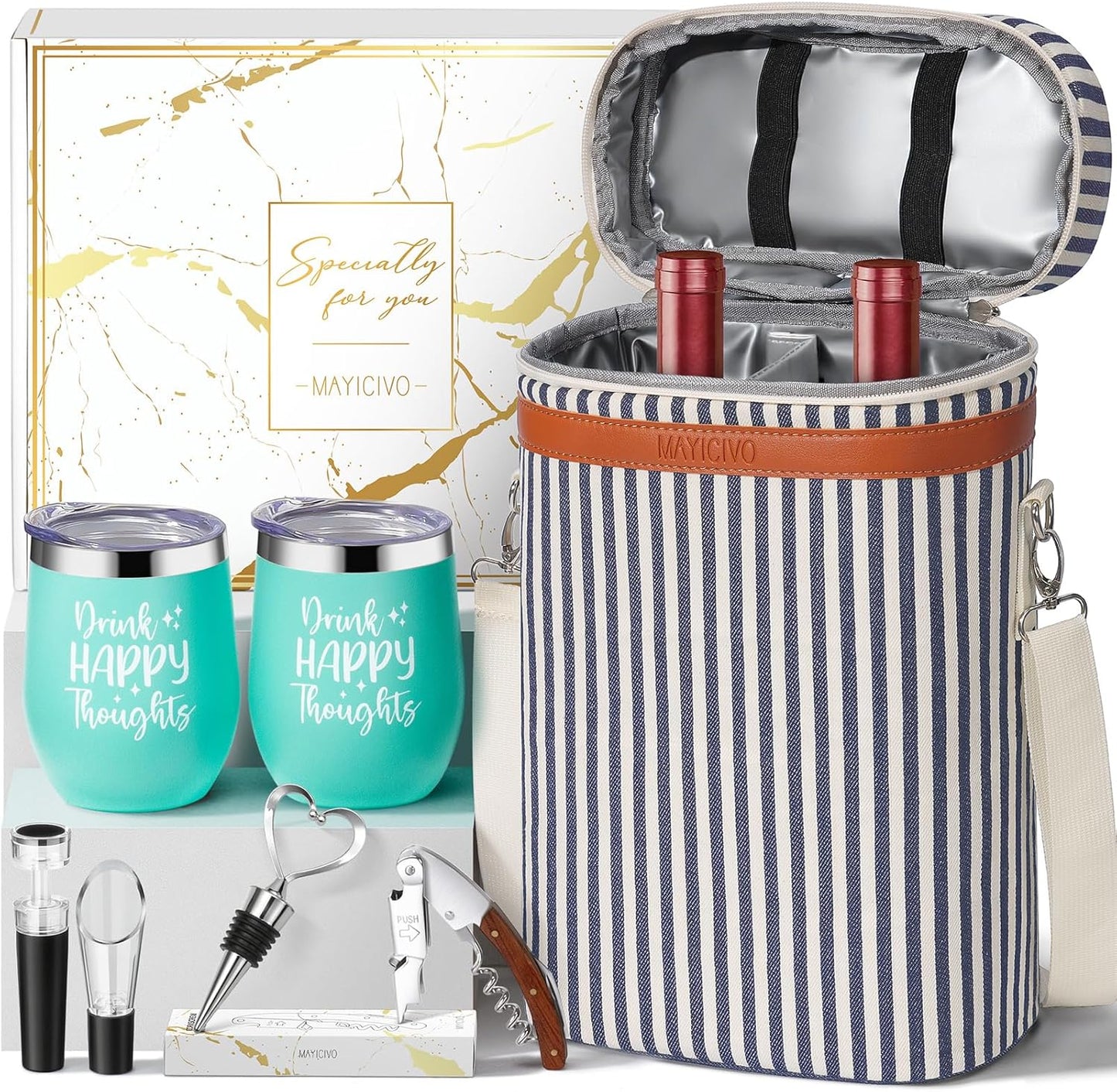 Birthday Gifts for Women Men - Wine Gifts Baskets Mothers Day Gifts for Mom, Women, Friend, Wine Lovers, Self Care Package, Insulated Wine Tote Bag Wine Carrier with Tumblers & Wine Accessories Set