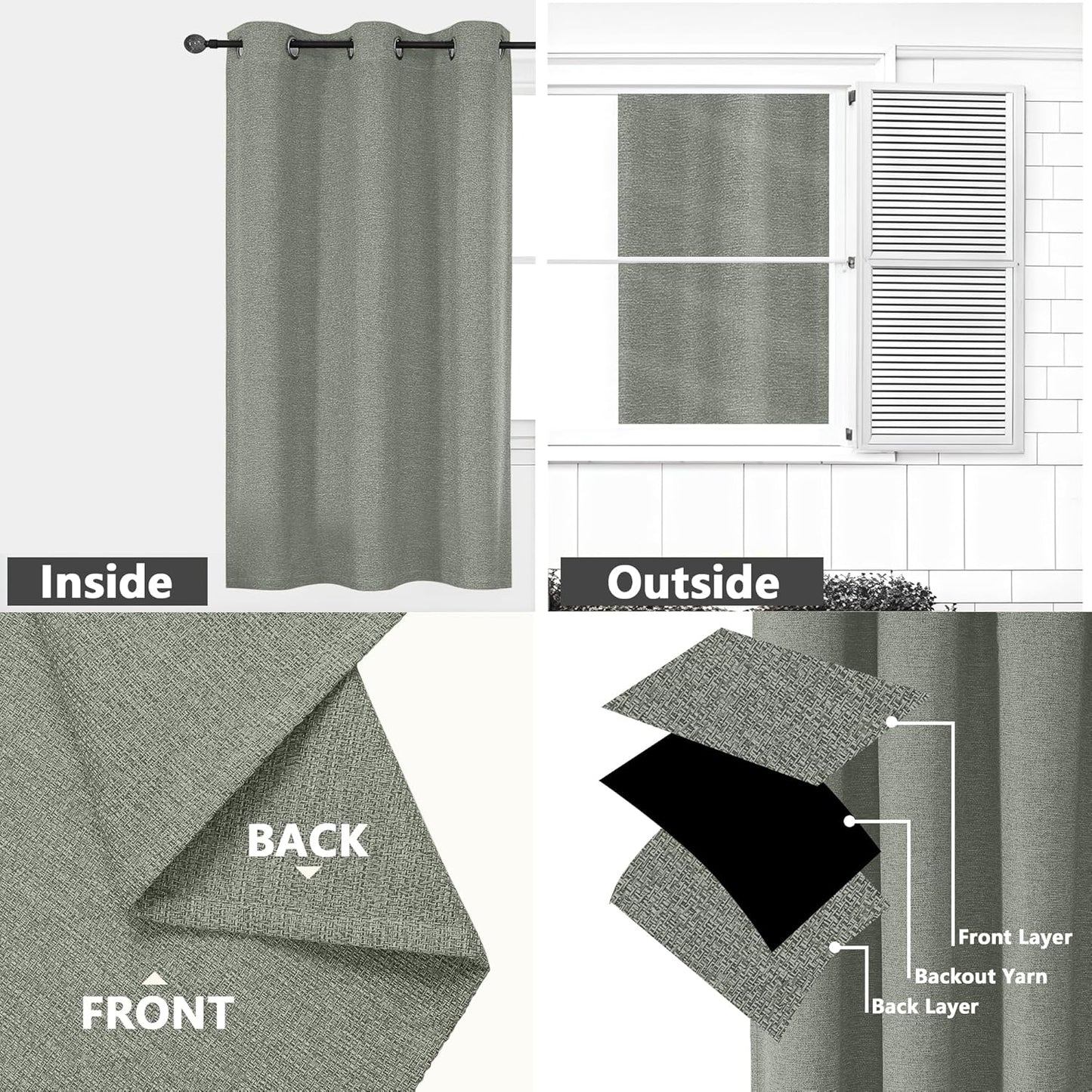 Linen Textured 100% Sage Green Blackout Curtains 63 Inch Length 2 Panels for Bedroom, Thermal Insulated Soundproof Grommet Curtains Blackout, Farmhouse Window Privacy Drapes, 40"W X 63"L