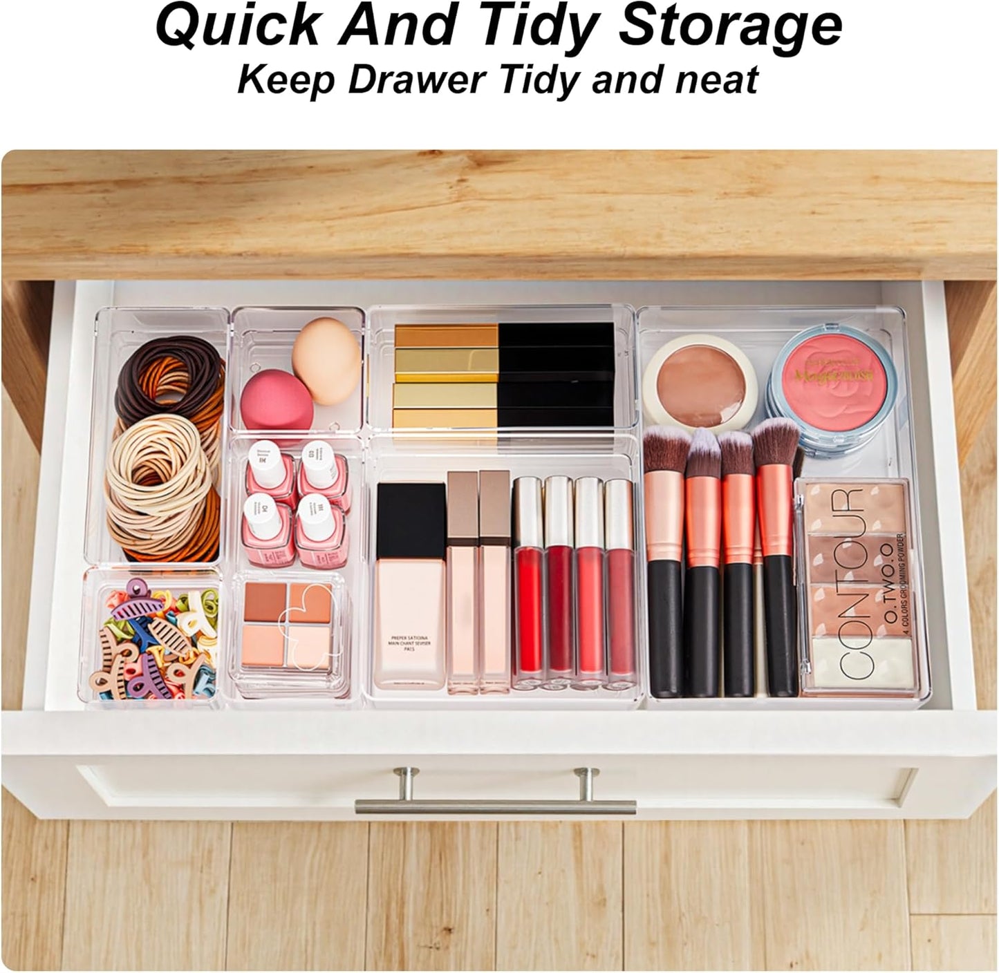 7-Piece Drawer Organizer with Non-Slip Silicone Pads, 4-Size Desk Drawer Organizer Trays Storage Tray for Makeup, Jewelries, Utensils in Bedroom Dresser, Office and Kitchen (Clear)