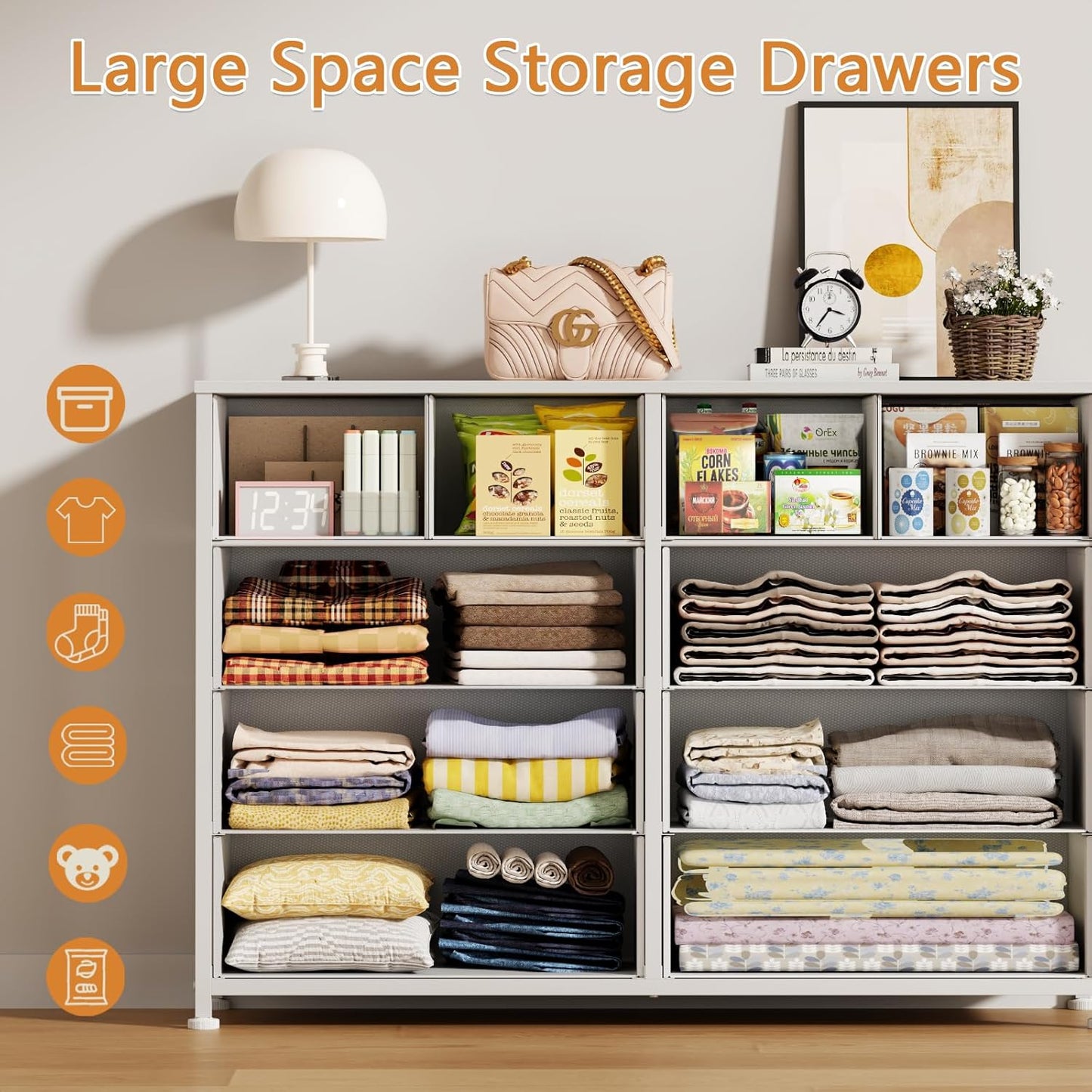 White Bedroom Dresser for 55” TV Stand - Entertainment Center with 10 Fabric Storage Drawers, Sturdy Metal Frame Tall Storage Cabinet for Living Room and Entryway